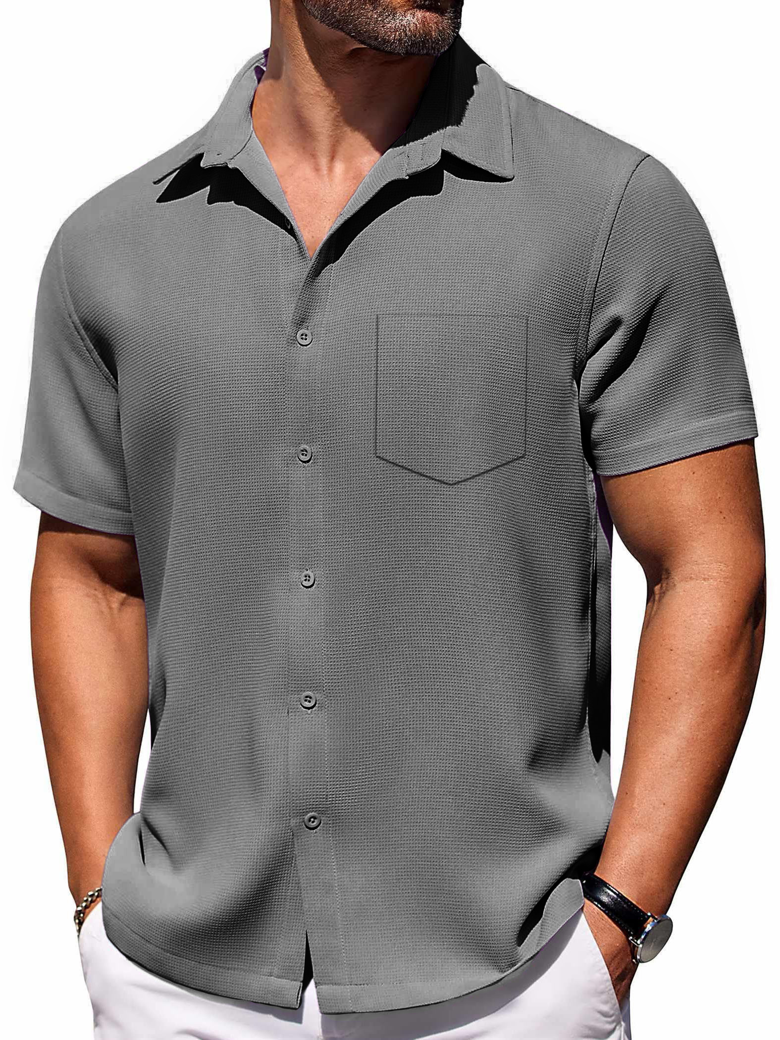 Men's Hawaiian Waffle Fabric Lapel Pocket Short Sleeve Shirt
