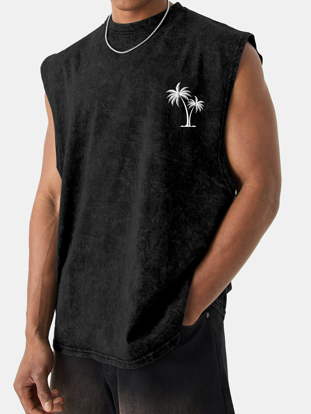 Men's Short-sleeved Vintage Washed Coconut Print Sleeveless T-shirt