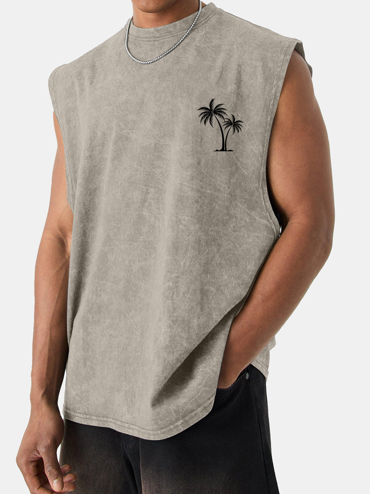 Men's Short-sleeved Vintage Washed Coconut Print Sleeveless T-shirt