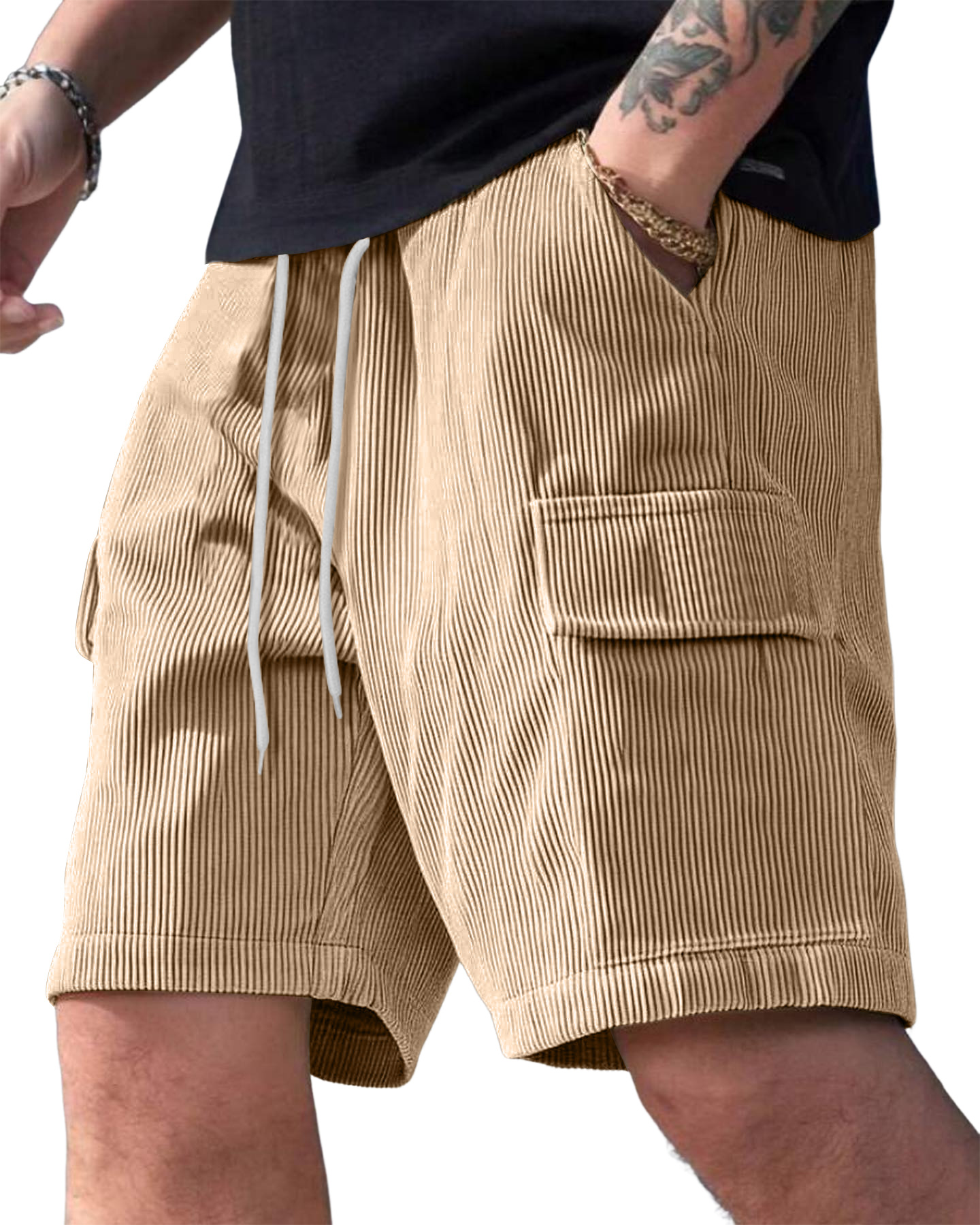 Men's Corduroy Multi-Pocket Summer Elastic Waist Casual Shorts