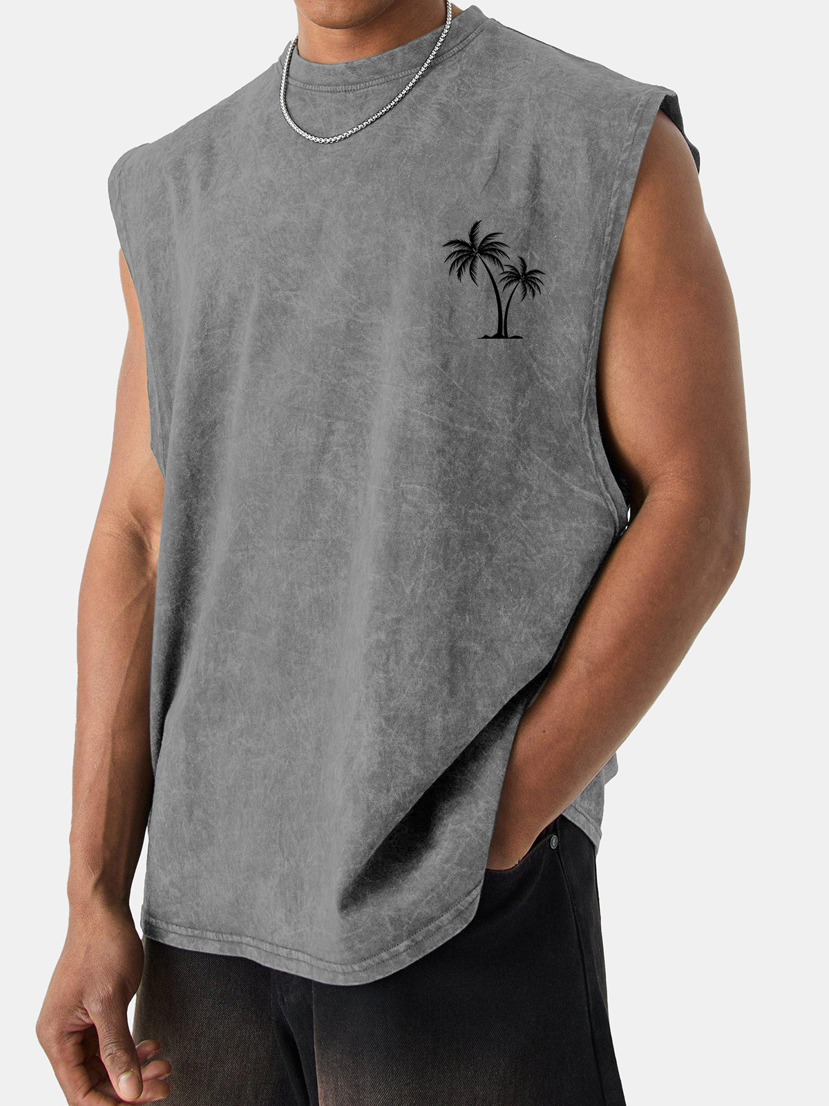 Men's Short-sleeved Vintage Washed Coconut Print Sleeveless T-shirt