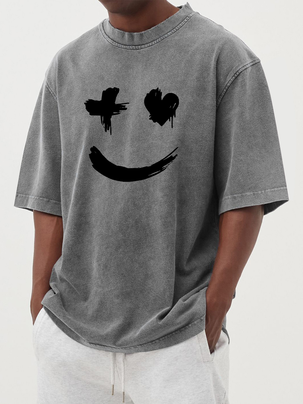 Men's vintage washed distressed heart smile print short-sleeved T-shirt