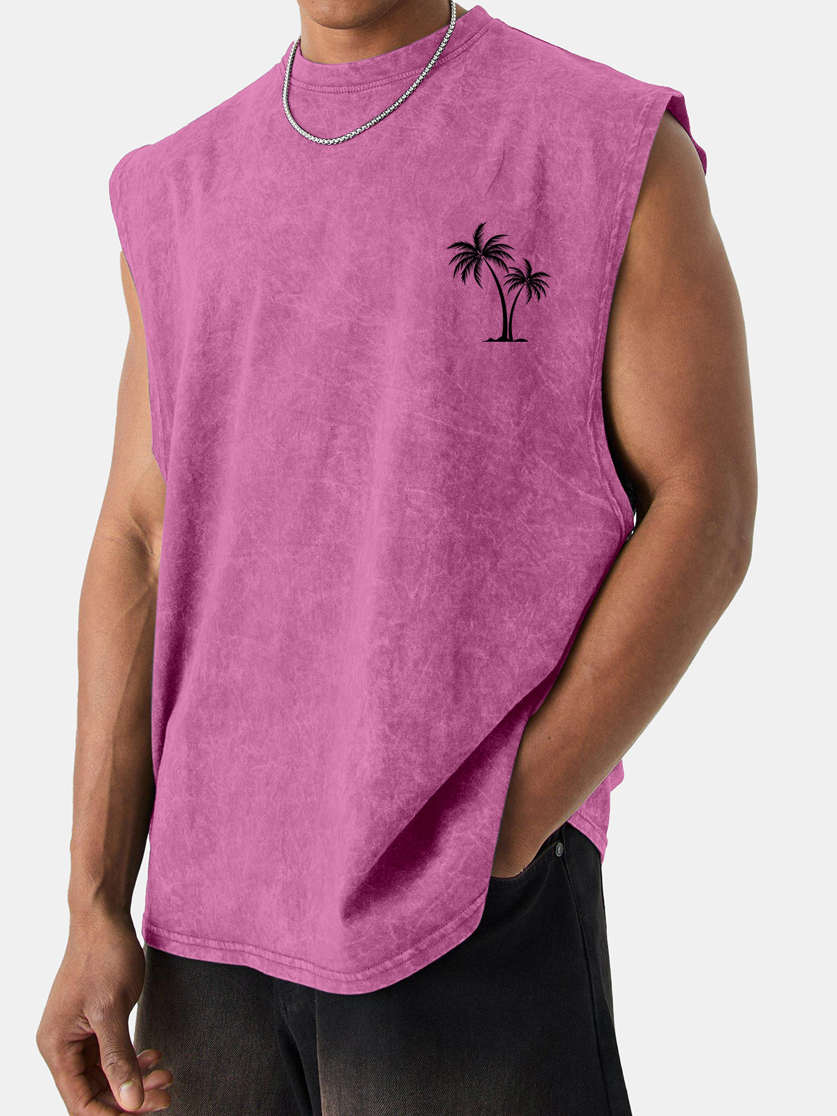 Men's Short-sleeved Vintage Washed Coconut Print Sleeveless T-shirt
