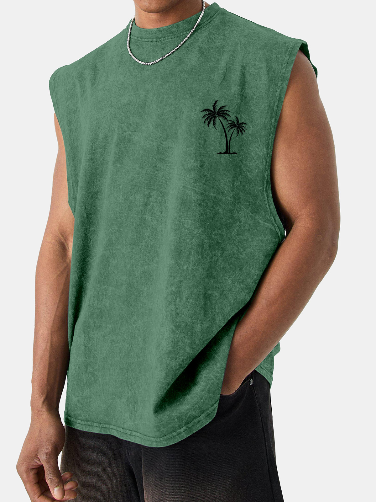 Men's Short-sleeved Vintage Washed Coconut Print Sleeveless T-shirt