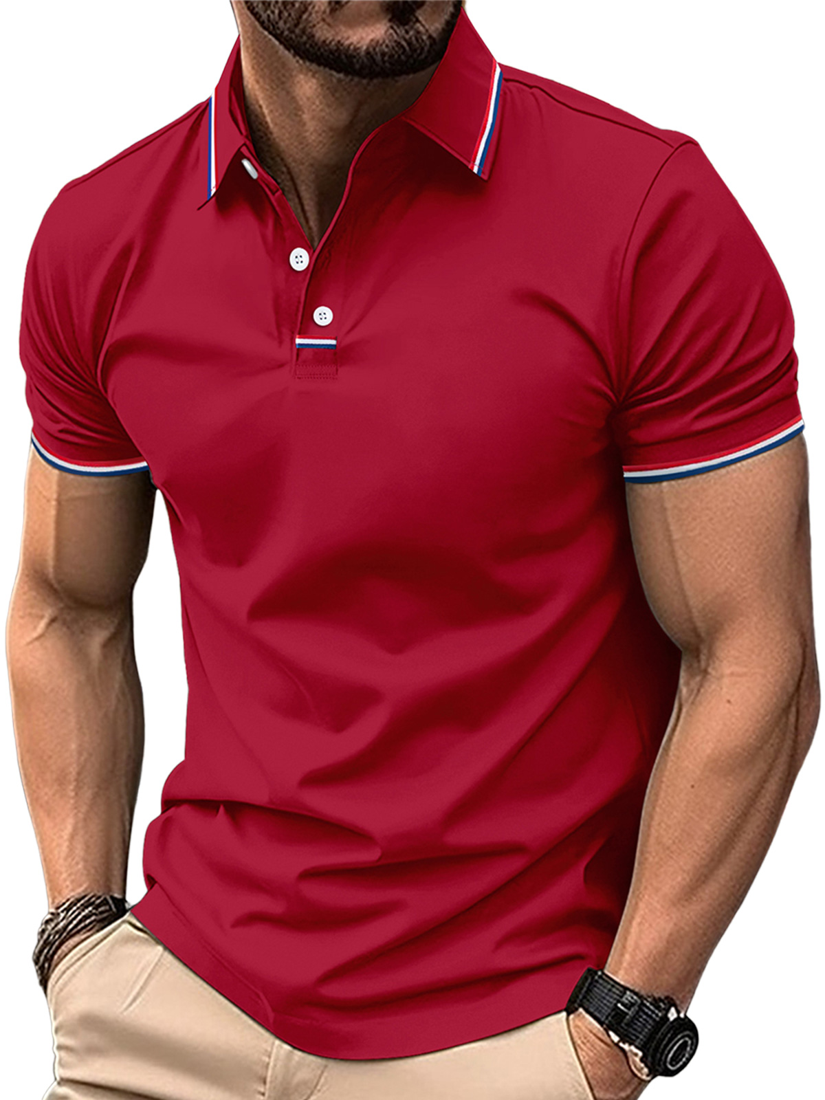 Men's casual POLO shirt with lapel placket and drawstring buttons