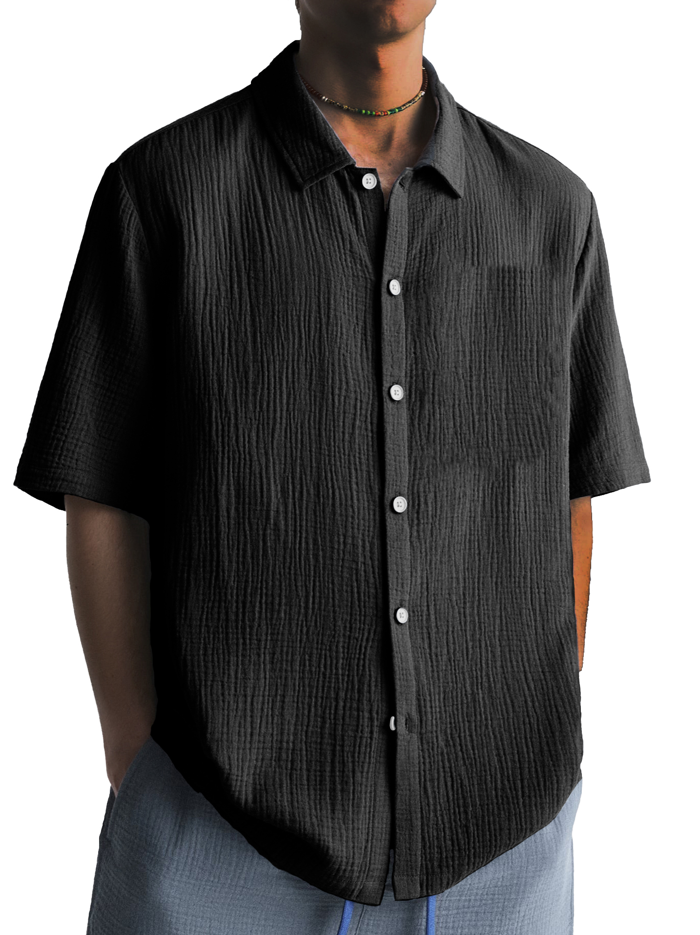 Men's Fashion Pleated Casual Lapel Short Sleeve Shirt