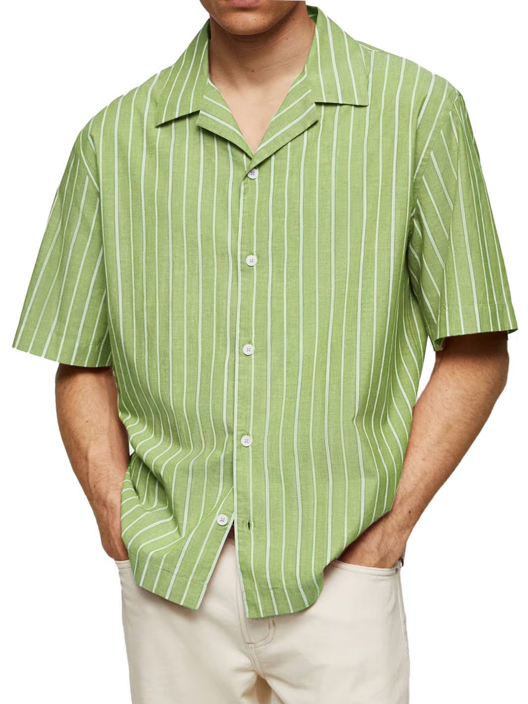 Men's Casual Striped Printed Cuban Collar Short Sleeve Shirt