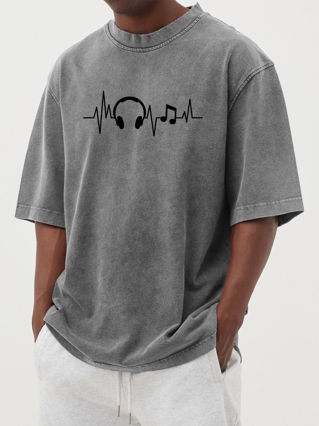 Men's vintage washed distressed headphone note printed short-sleeved T-shirt