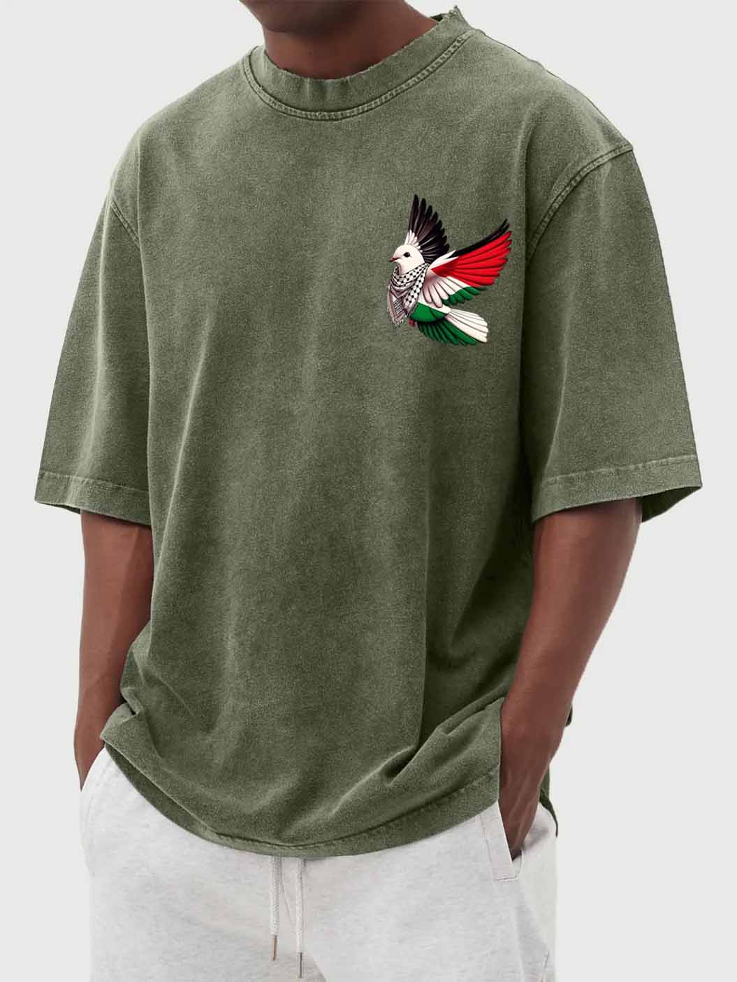 Men's Fashion Vintage Washed Peace Dove Print Short Sleeve T-Shirt