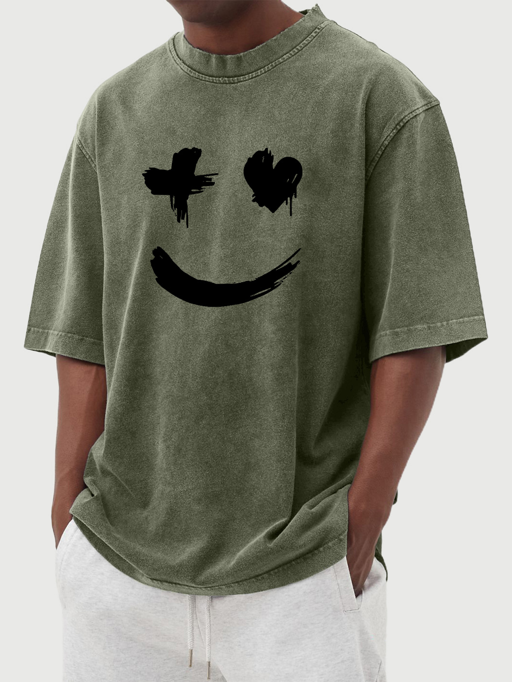 Men's vintage washed distressed heart smile print short-sleeved T-shirt