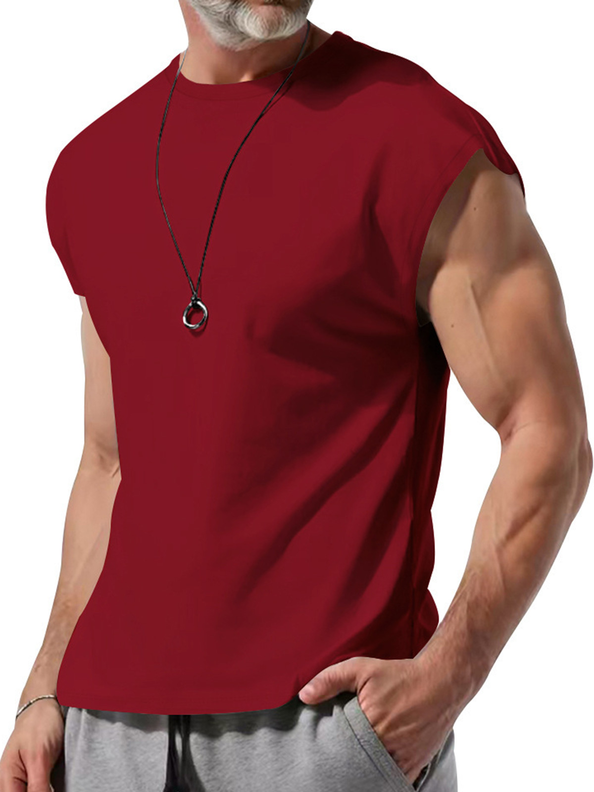Men's Summer Cotton Round Neck Solid Color Sleeveless Tank Top T-Shirt