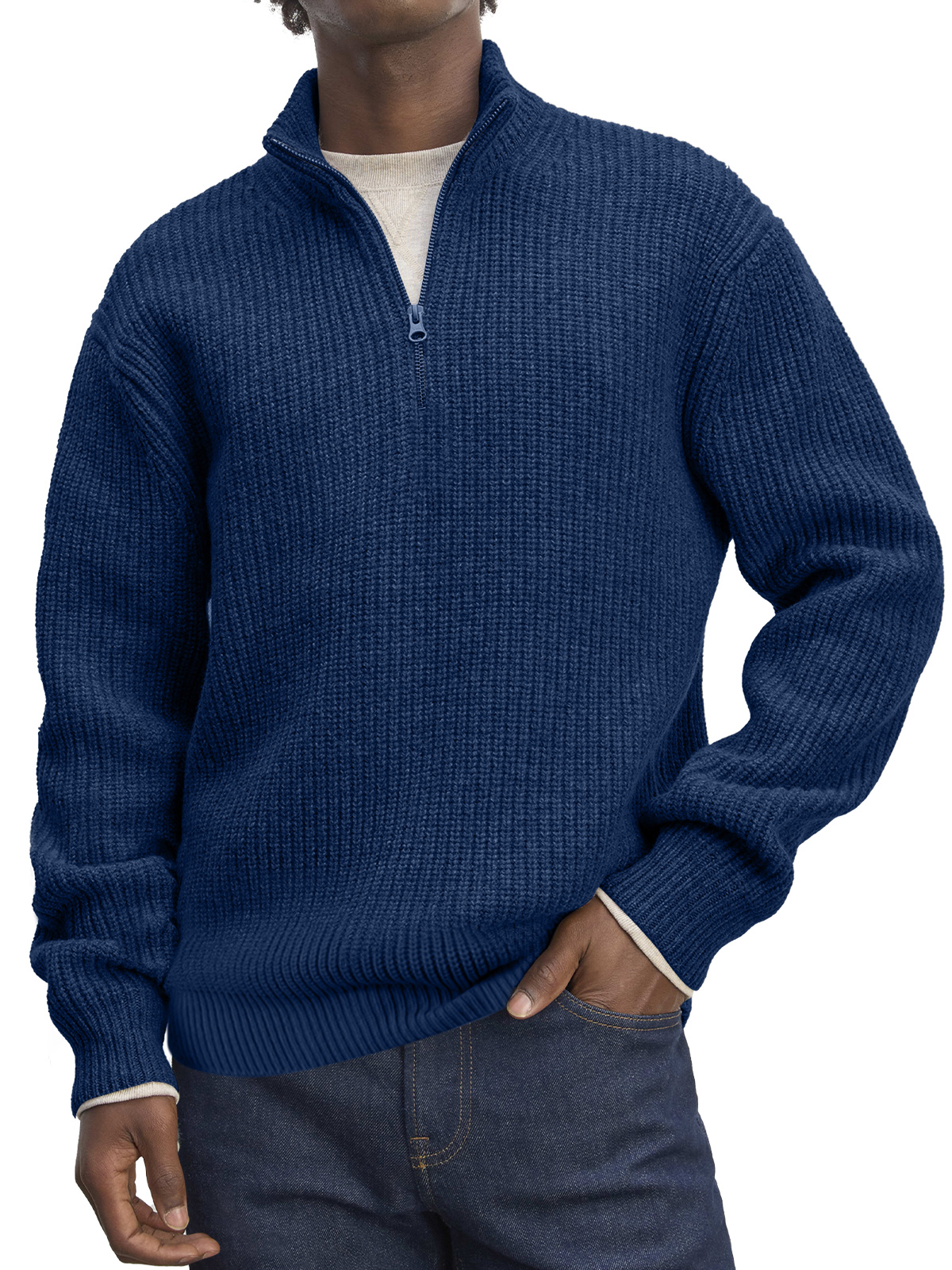 Men's Casual Stand Collar Zipper Solid Color Comfortable Knitted Sweater