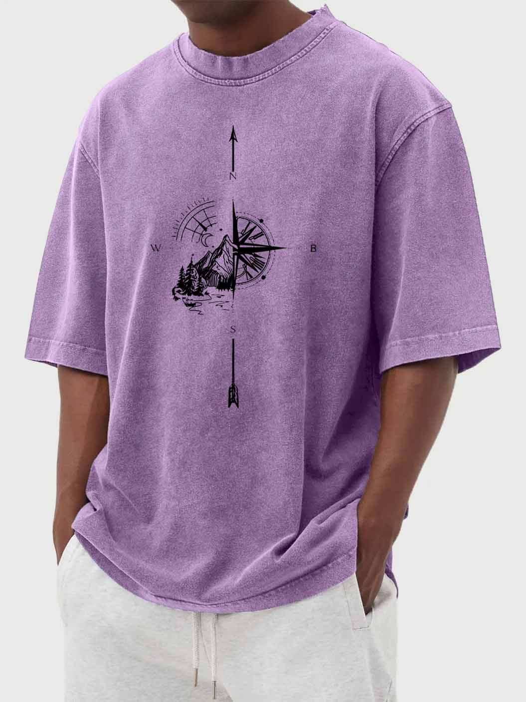 Men's Vintage Washed Compass Mountains Print Short Sleeve T-Shirt