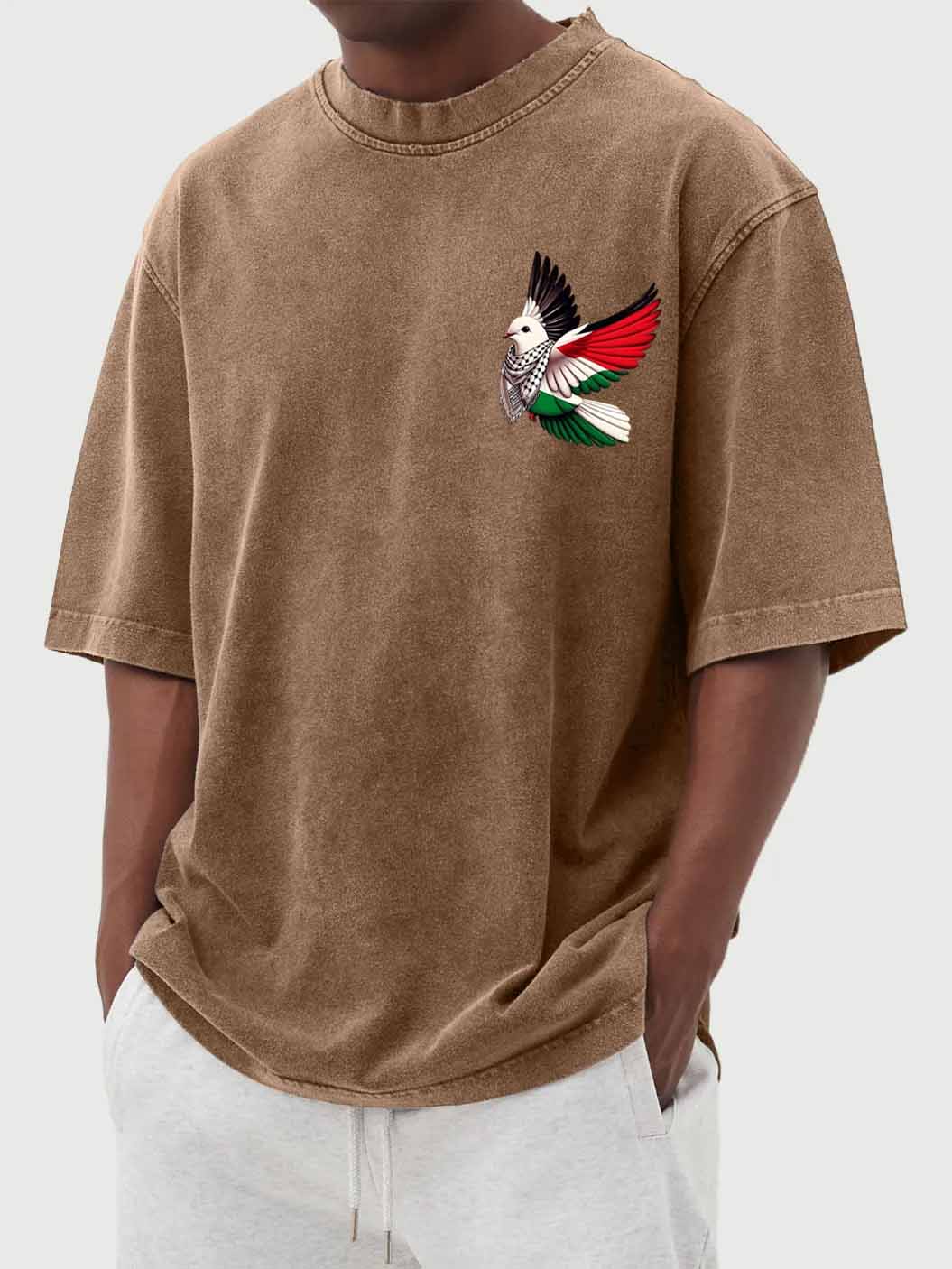 Men's Fashion Vintage Washed Peace Dove Print Short Sleeve T-Shirt