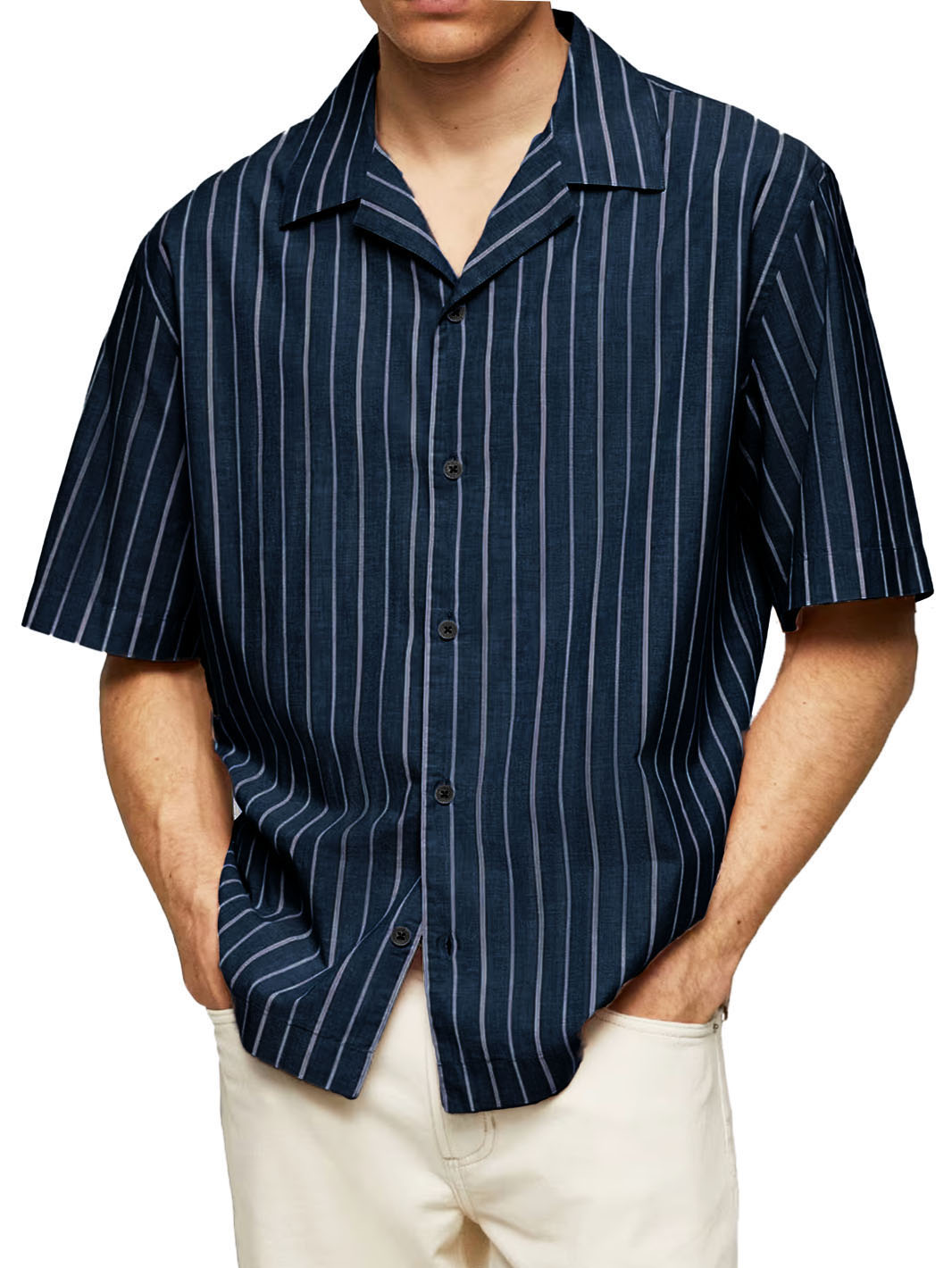 Men's Casual Striped Printed Cuban Collar Short Sleeve Shirt