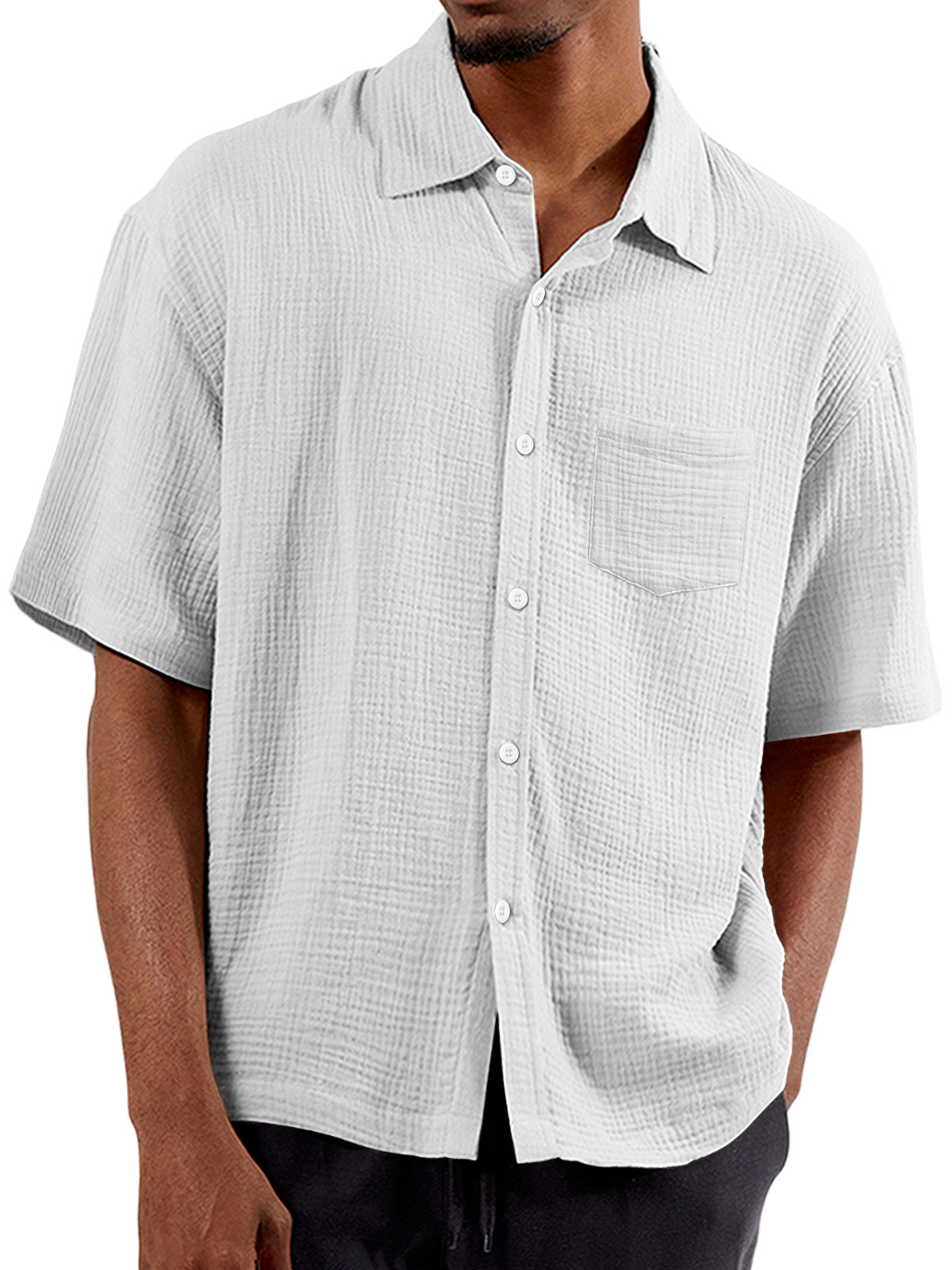 Men's Summer Solid Color Pleated Lapel Pocket Comfort Short Sleeve Shirt