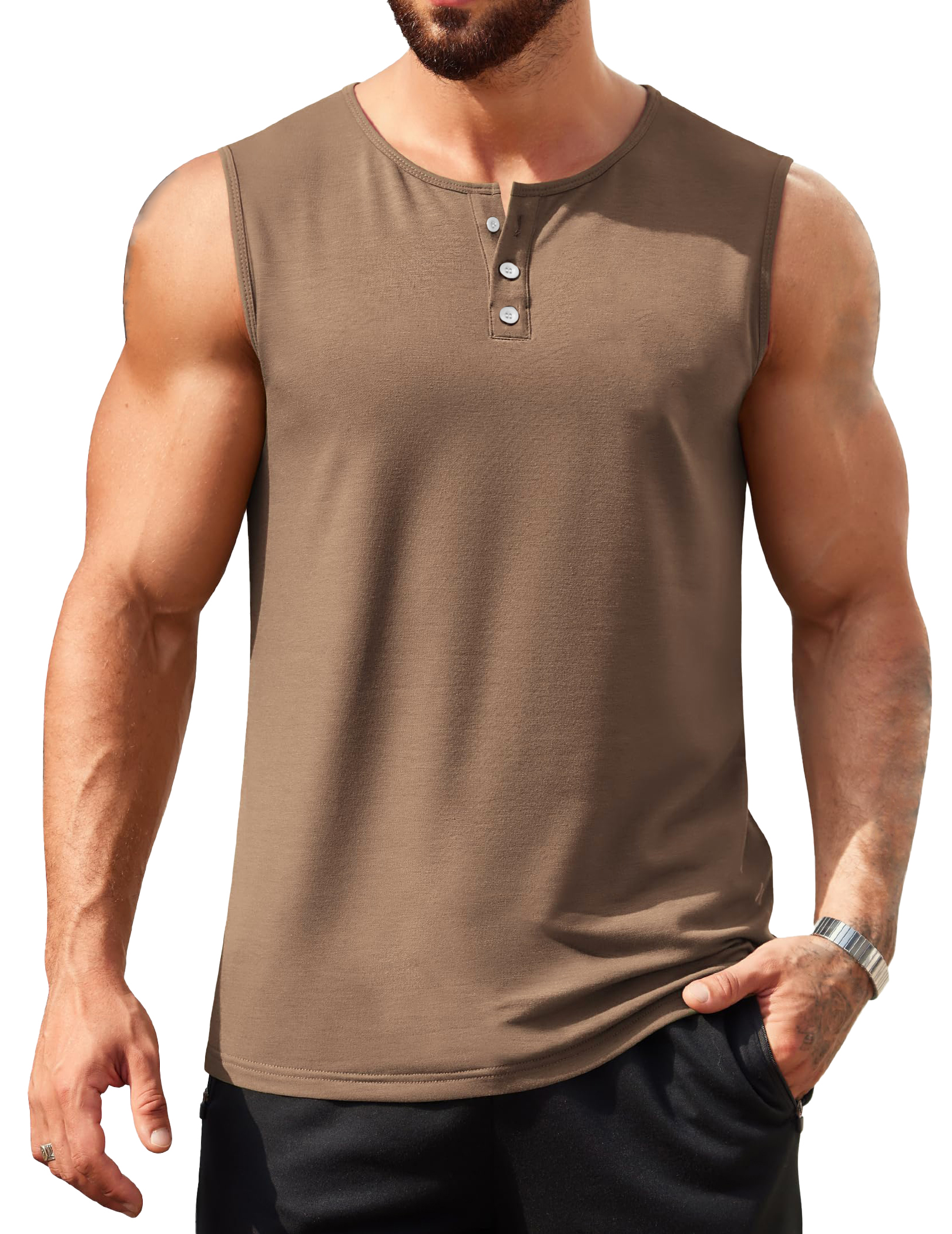Men's Hawaiian Casual Comfort Button-Down Crew Neck Sleeveless Henley Shirt