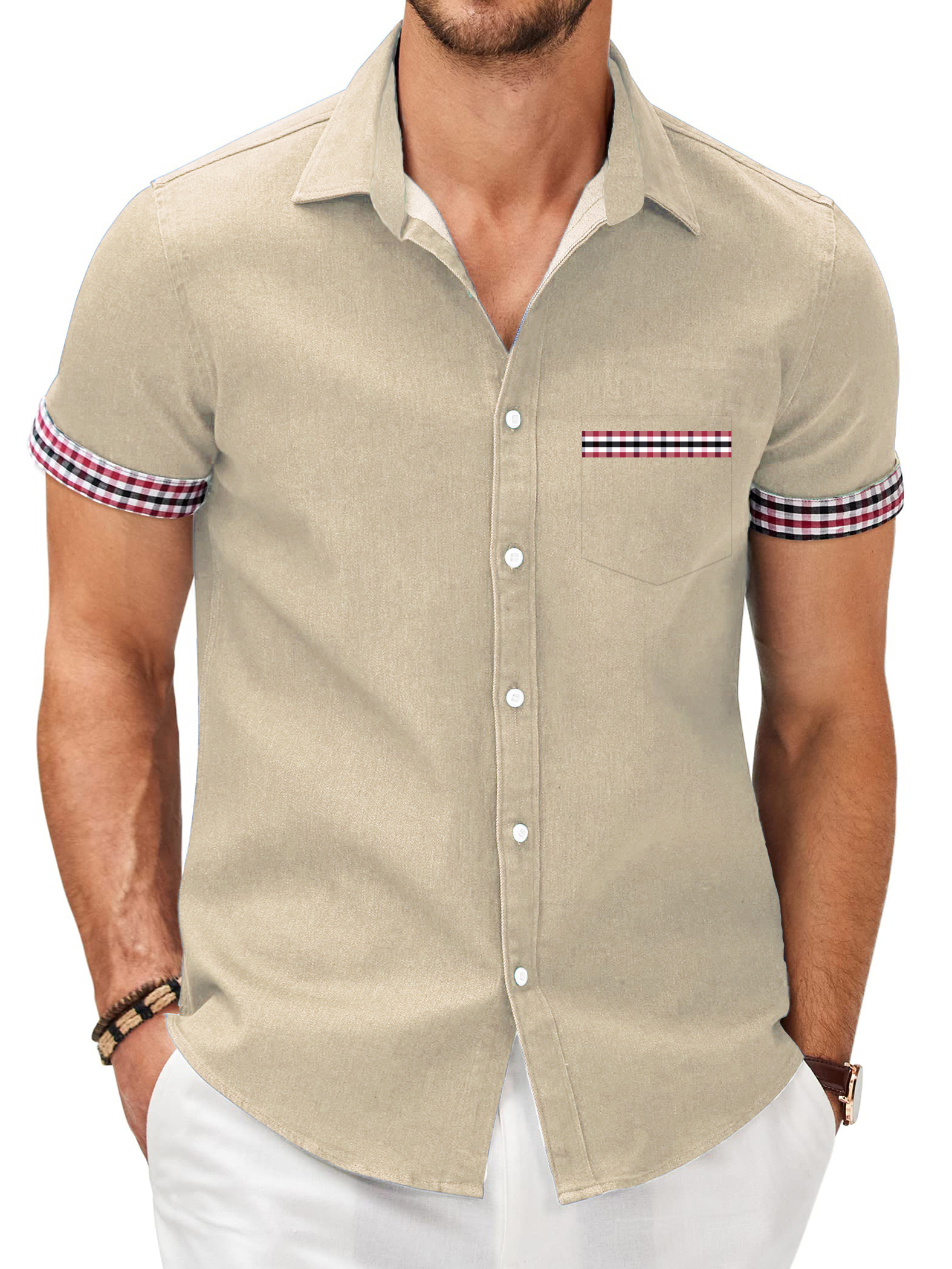 Men's Patchwork Plaid Print Pocket Short Sleeve Shirt