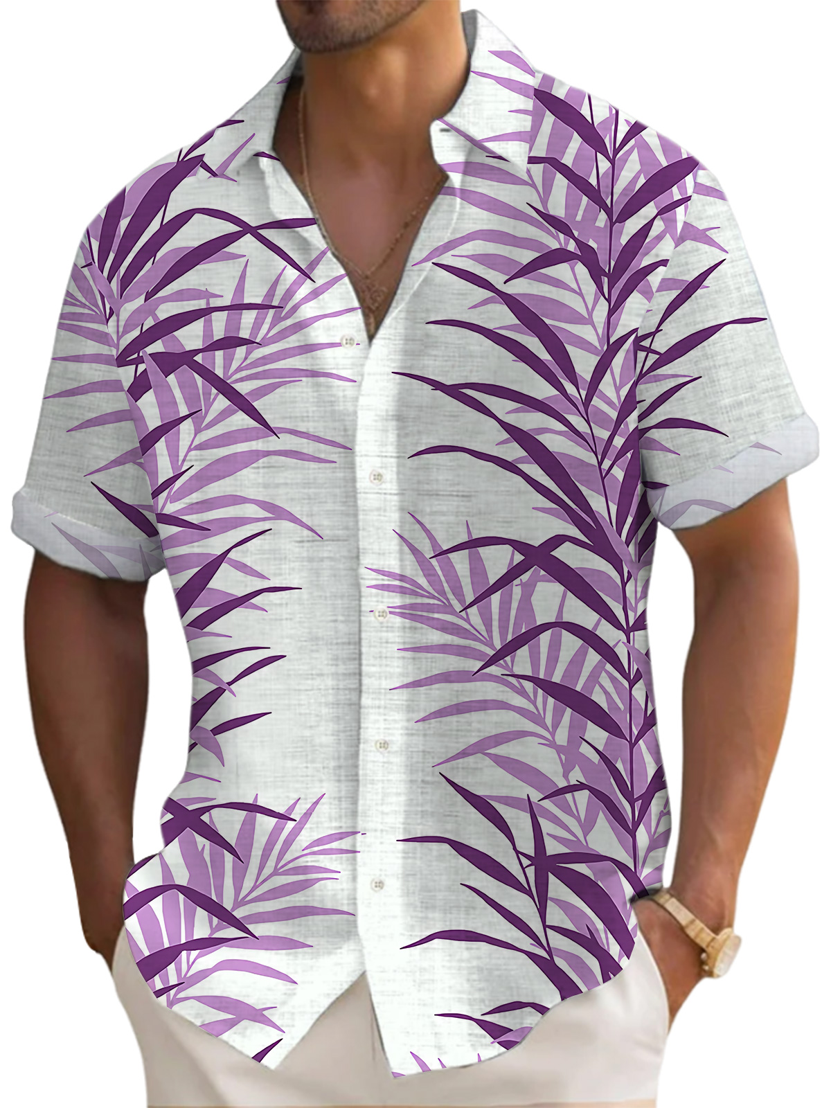 Men's Hawaiian Palm Leaf Print Short Sleeve Shirt