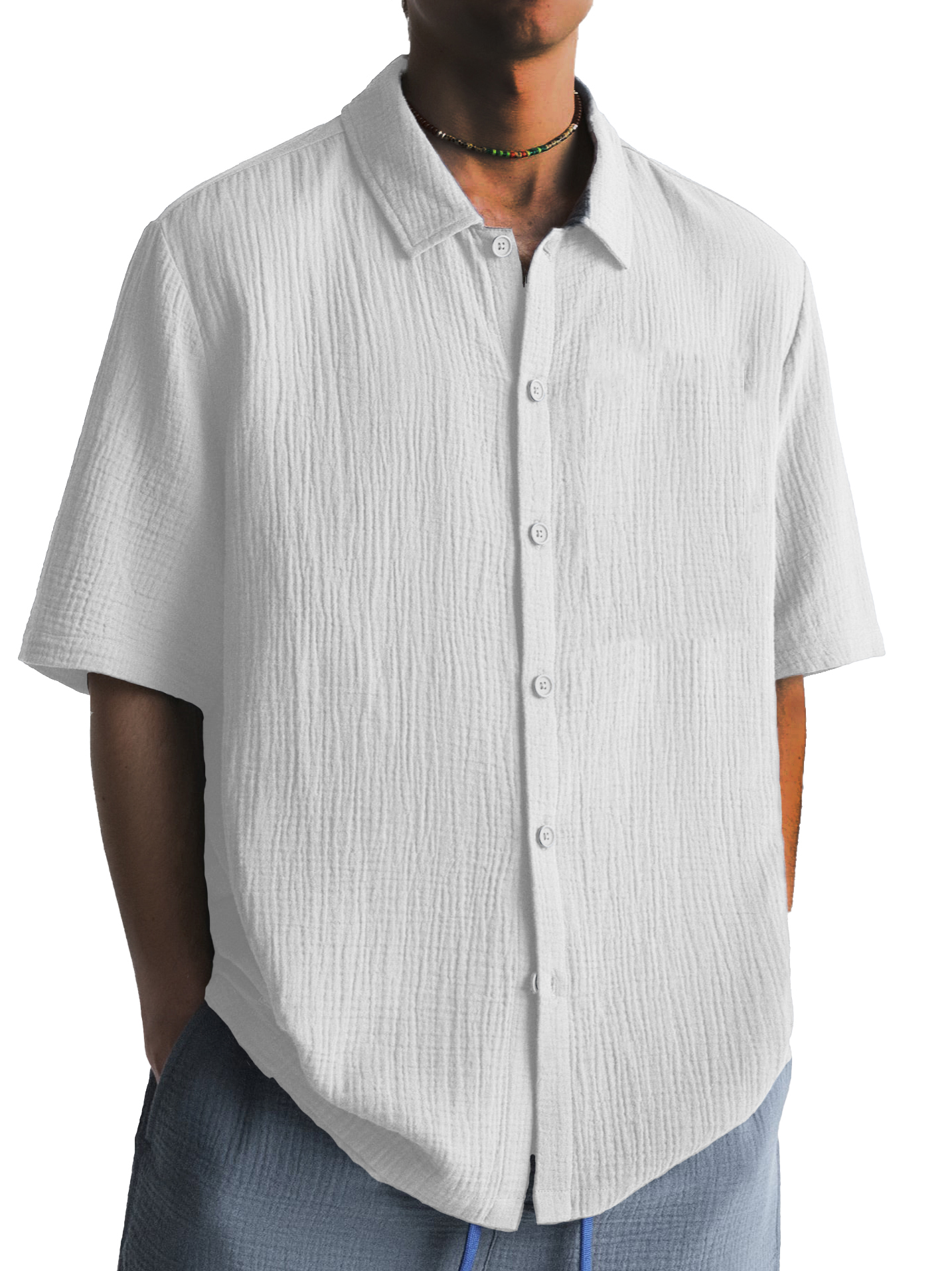 Men's Fashion Pleated Casual Lapel Short Sleeve Shirt