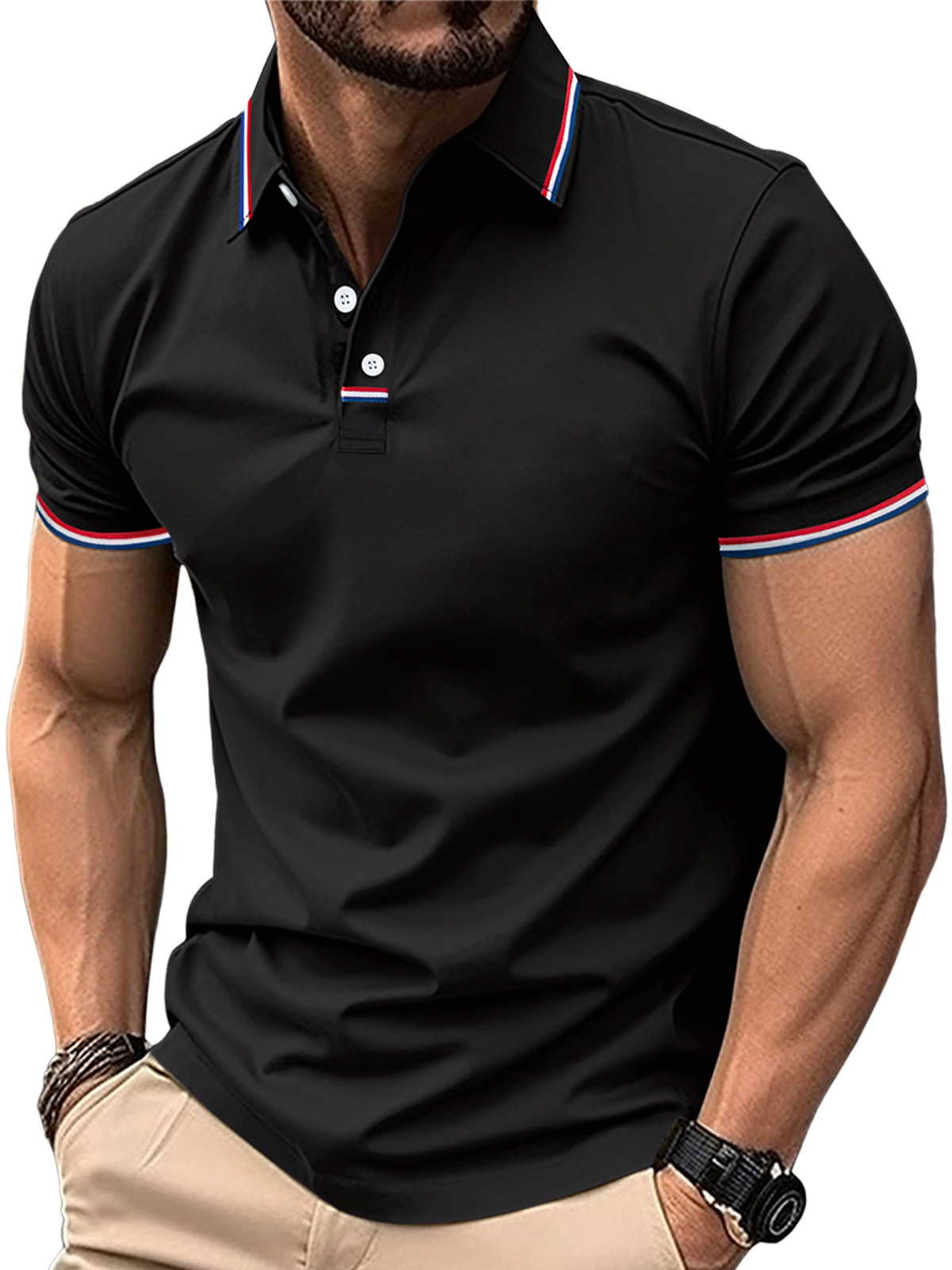 Men's casual POLO shirt with lapel placket and drawstring buttons