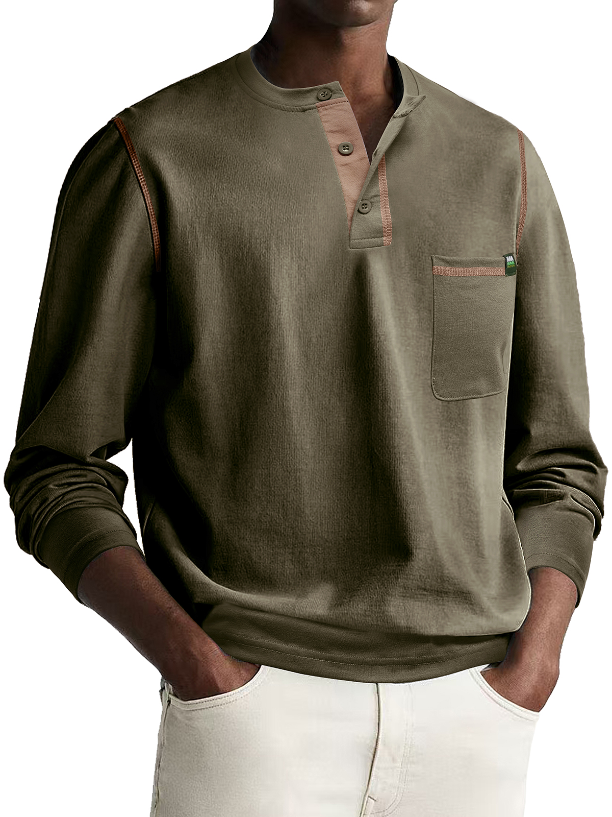 Men's Fashion Casual Patchwork Long Sleeve Pocket Henley