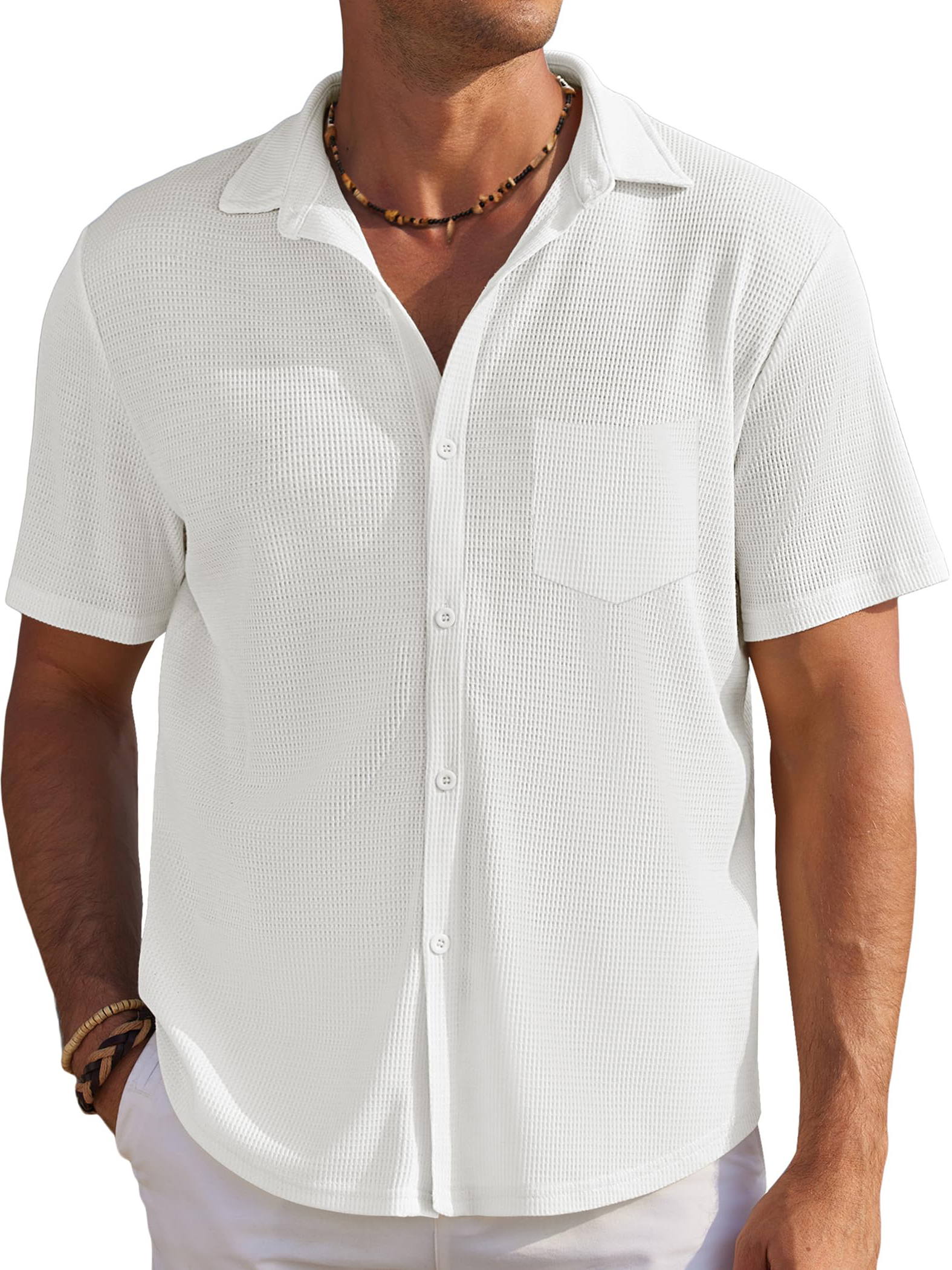 Men's Solid Color Comfortable Waffle Simple Everyday Short Sleeve Shirt