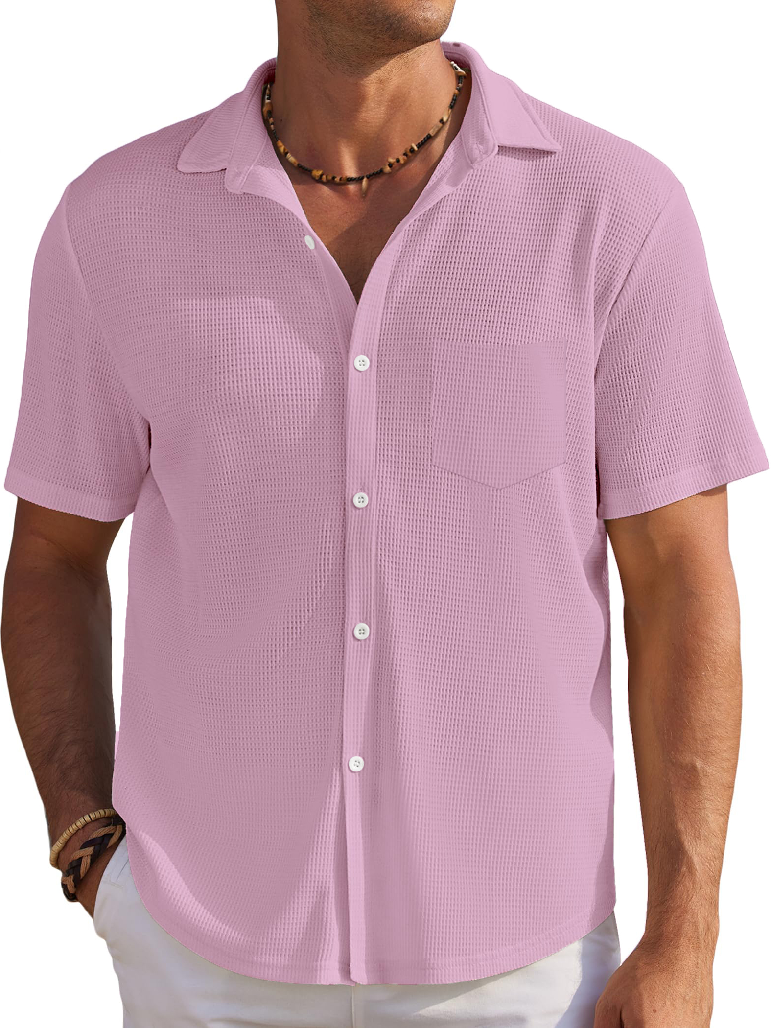 Men's Solid Color Comfortable Waffle Simple Everyday Short Sleeve Shirt
