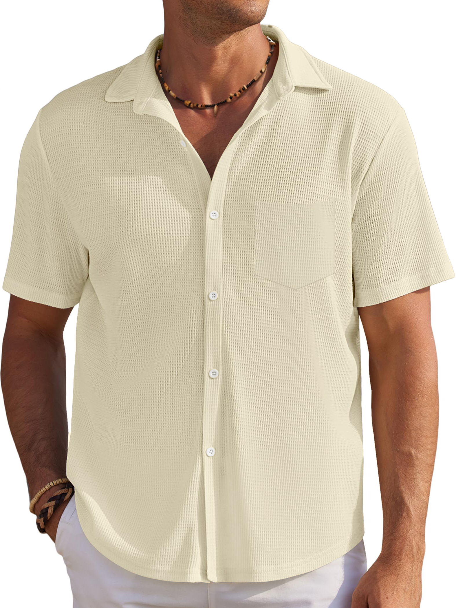 Men's Solid Color Comfortable Waffle Simple Everyday Short Sleeve Shirt