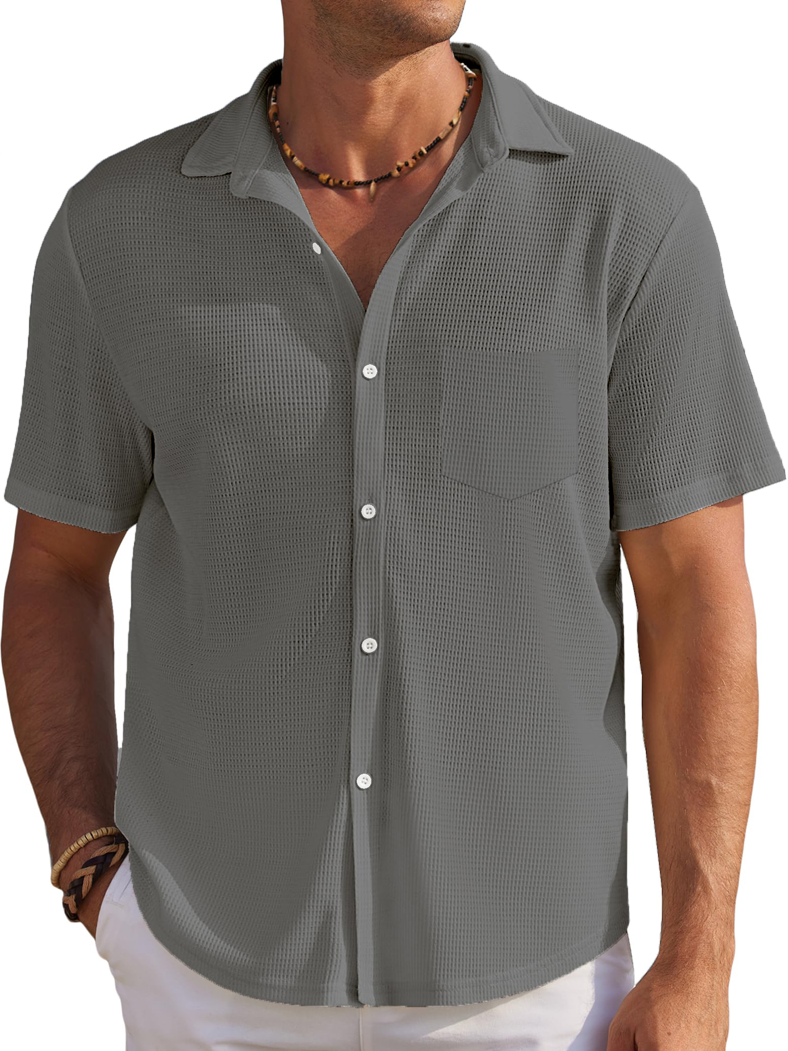 Men's Solid Color Comfortable Waffle Simple Everyday Short Sleeve Shirt