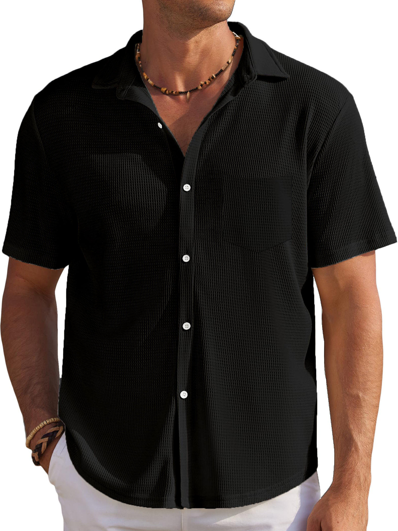 Men's Solid Color Comfortable Waffle Simple Everyday Short Sleeve Shirt