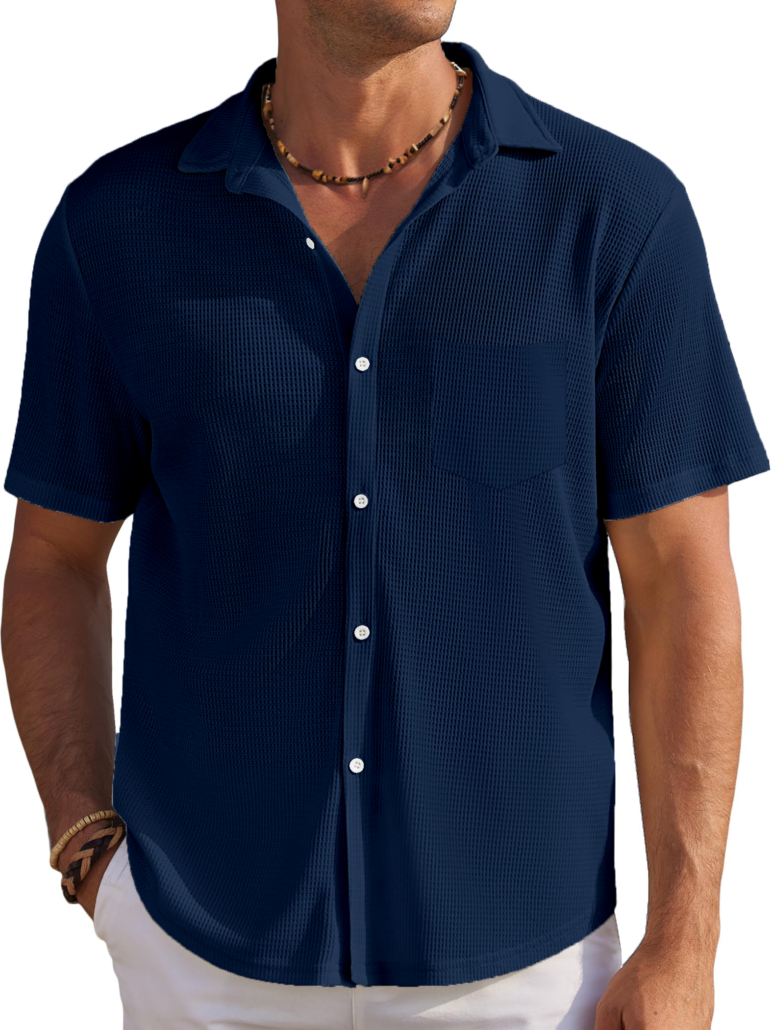 Men's Solid Color Comfortable Waffle Simple Everyday Short Sleeve Shirt
