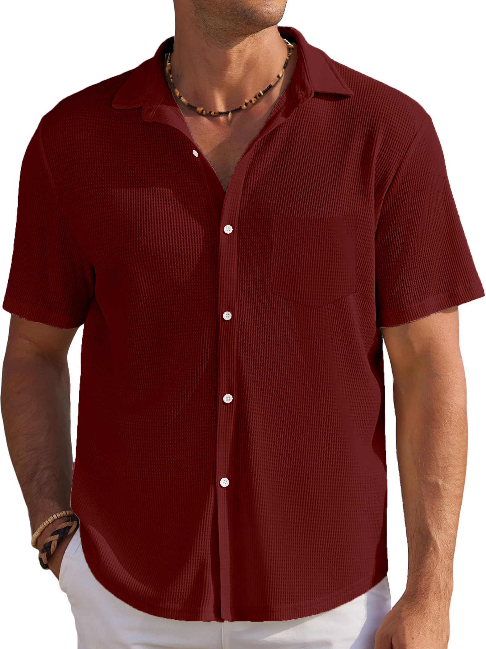 Men's Solid Color Comfortable Waffle Simple Everyday Short Sleeve Shirt