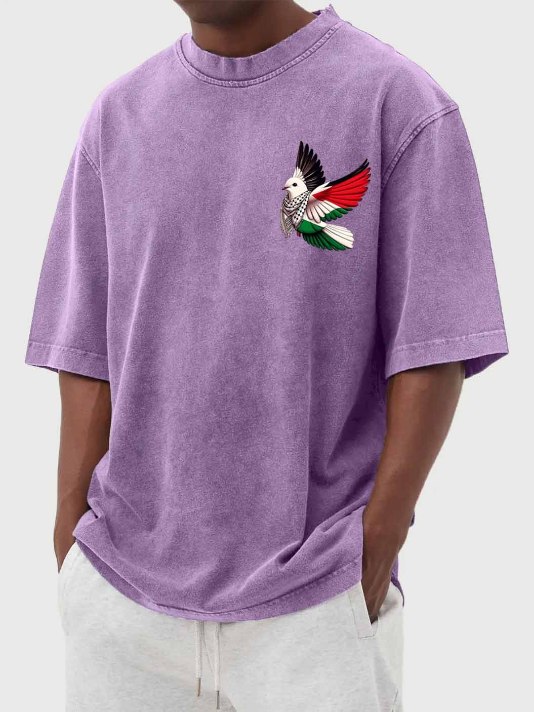 Men's Fashion Vintage Washed Peace Dove Print Short Sleeve T-Shirt