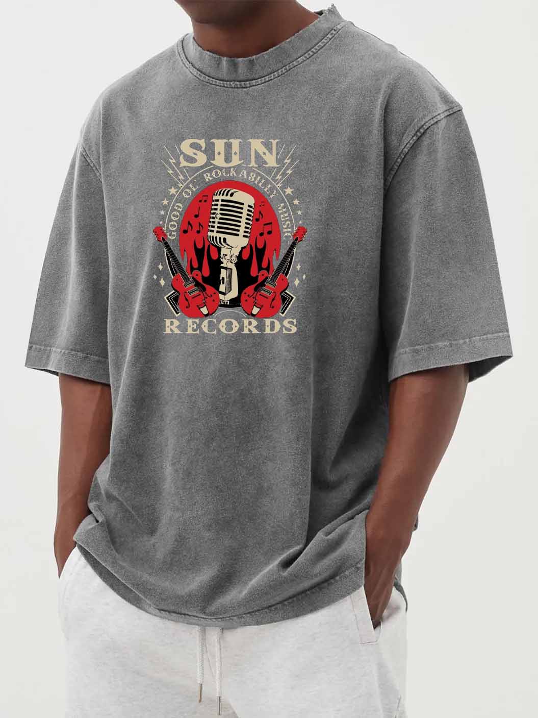 Men's Vintage Washed Music Print Short Sleeve T-Shirt