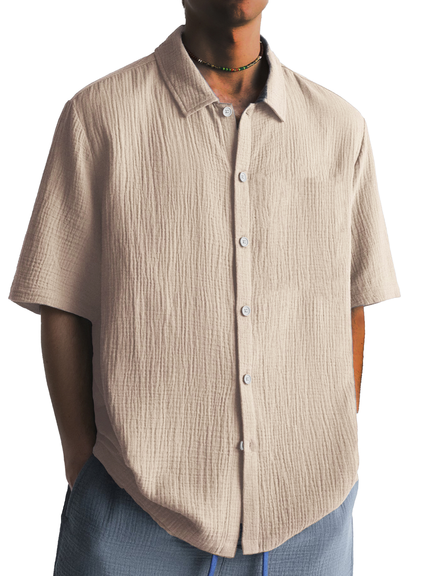 Men's Fashion Pleated Casual Lapel Short Sleeve Shirt