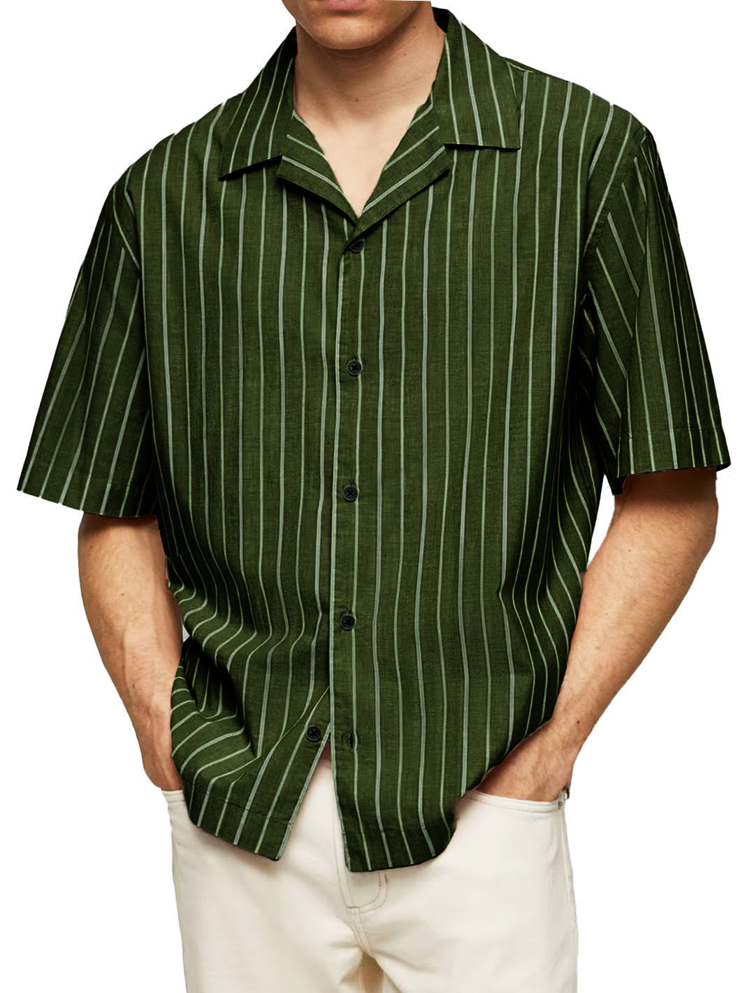 Men's Casual Striped Printed Cuban Collar Short Sleeve Shirt