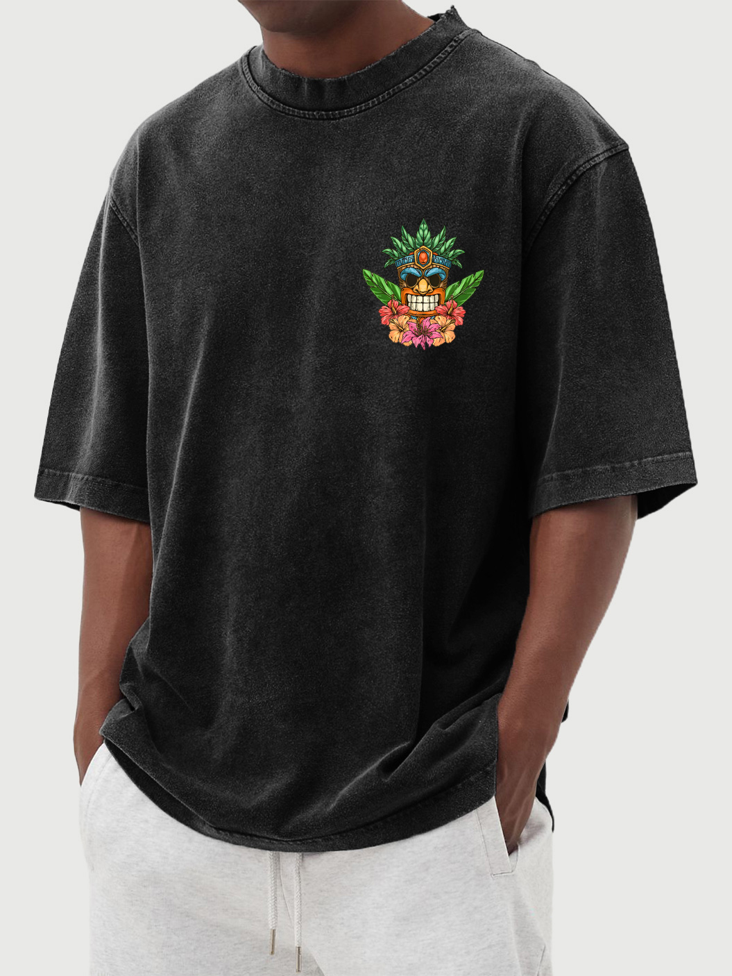 Men's Retro Washed Tiki Print Cotton Short Sleeve T-Shirt