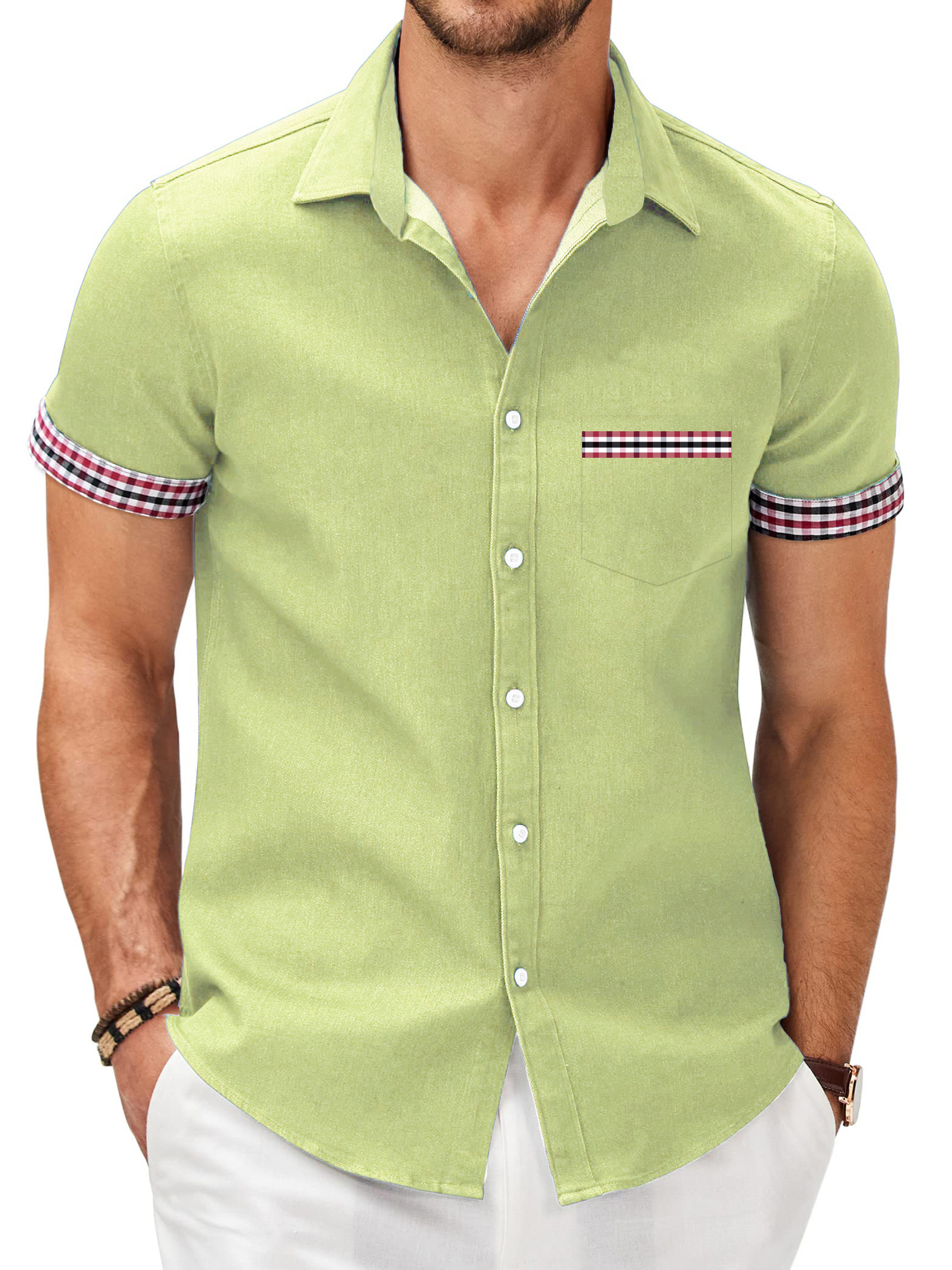 Men's Patchwork Plaid Print Pocket Short Sleeve Shirt