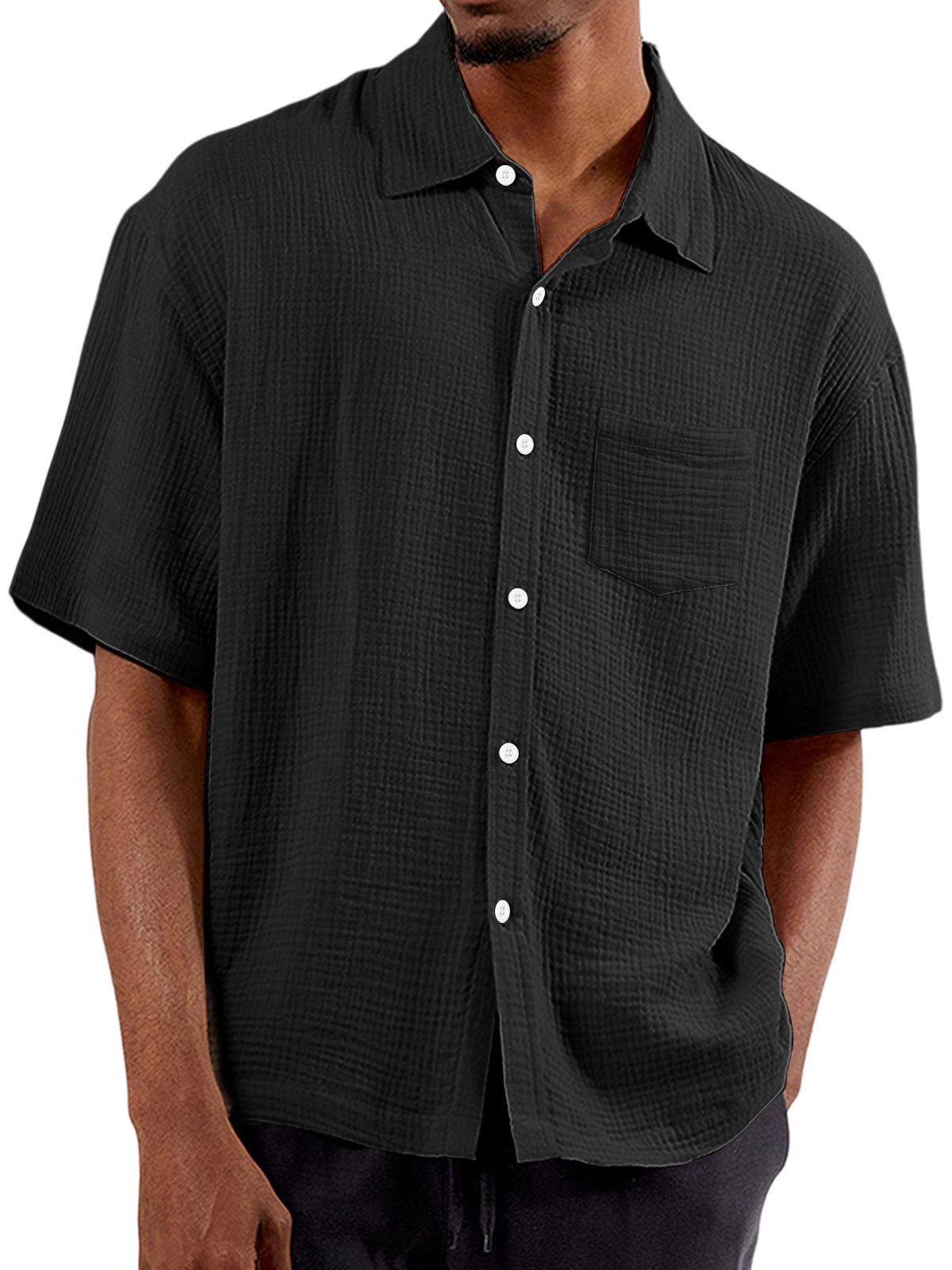 Men's Summer Solid Color Pleated Lapel Pocket Comfort Short Sleeve Shirt