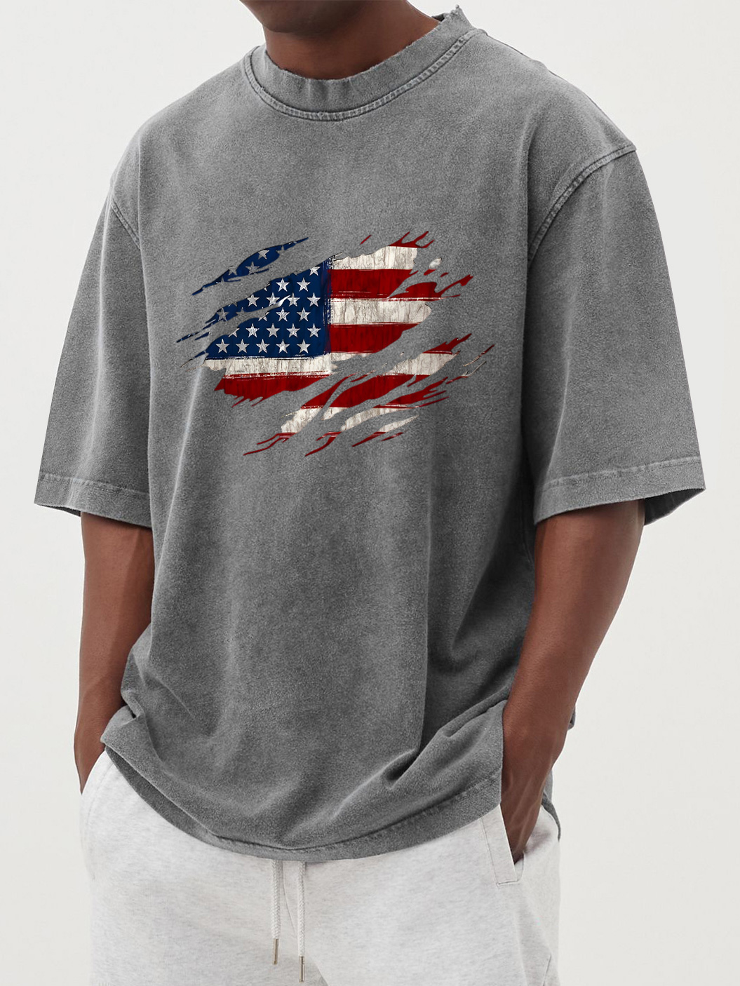 Men's vintage washed flag print cotton short-sleeved T-shirt