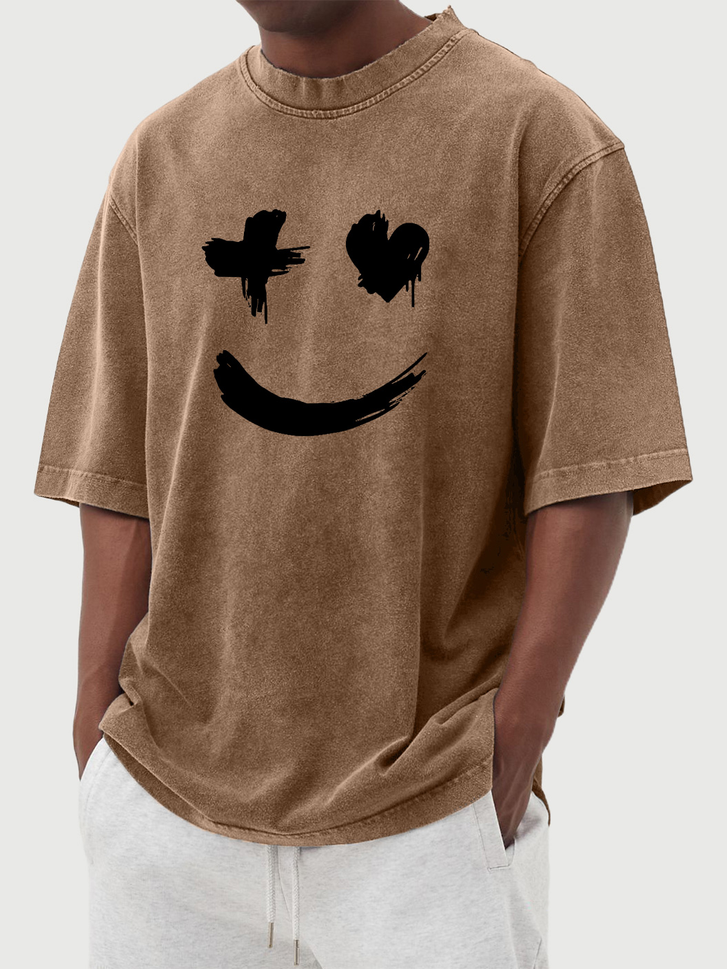 Men's vintage washed distressed heart smile print short-sleeved T-shirt
