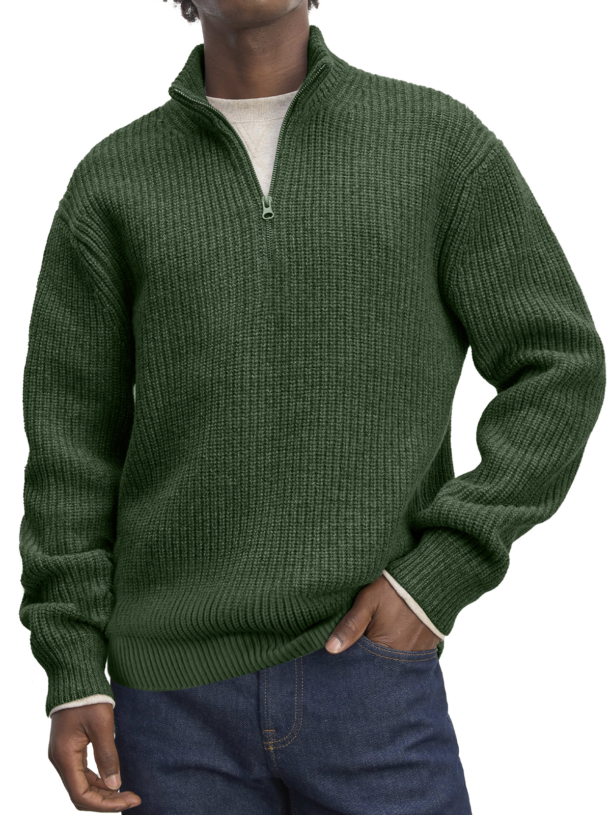 Men's Casual Stand Collar Zipper Solid Color Comfortable Knitted Sweater