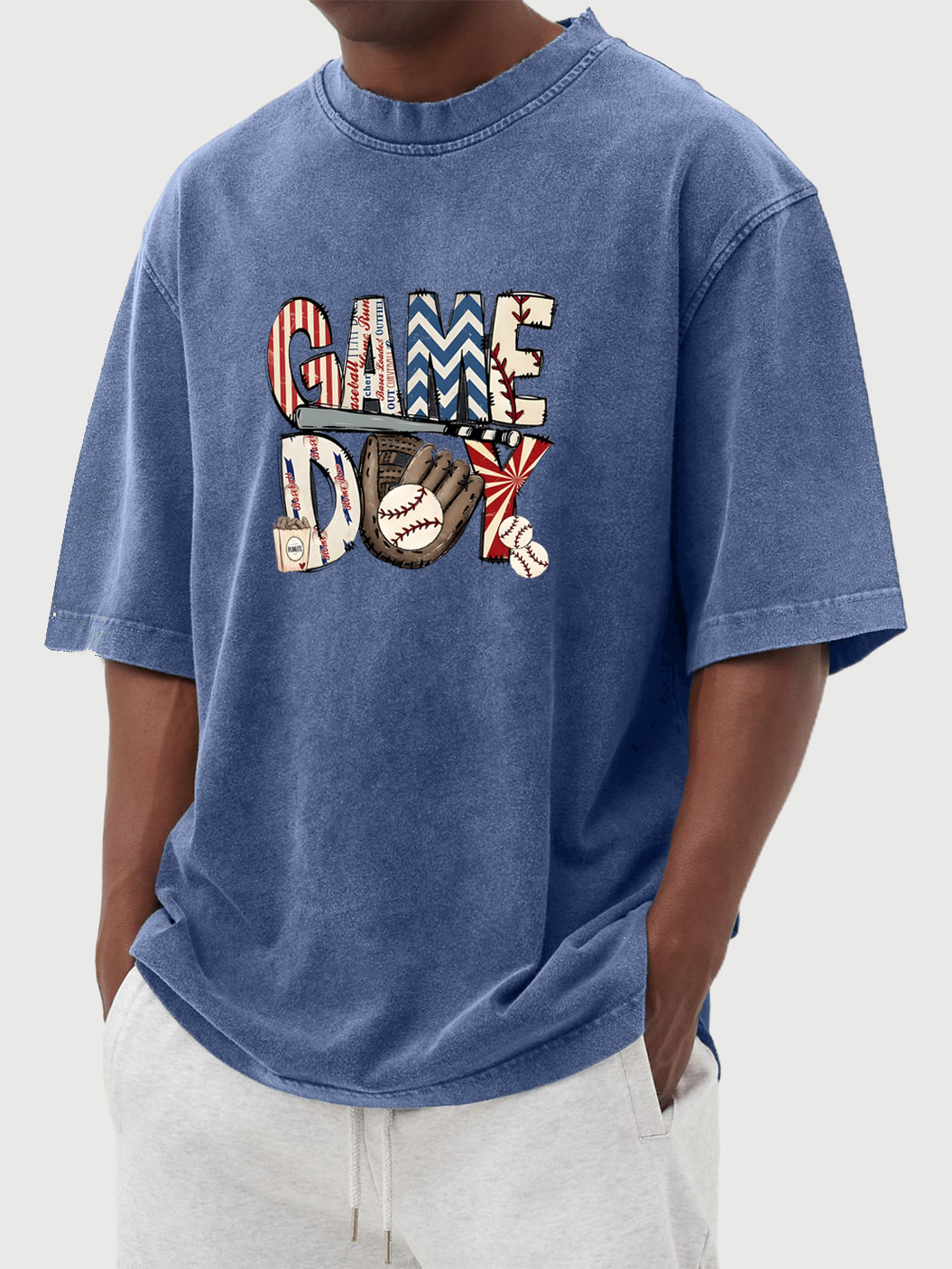 Men's Vintage Washed Baseball Game Day Printed Short-sleeved T-shirt