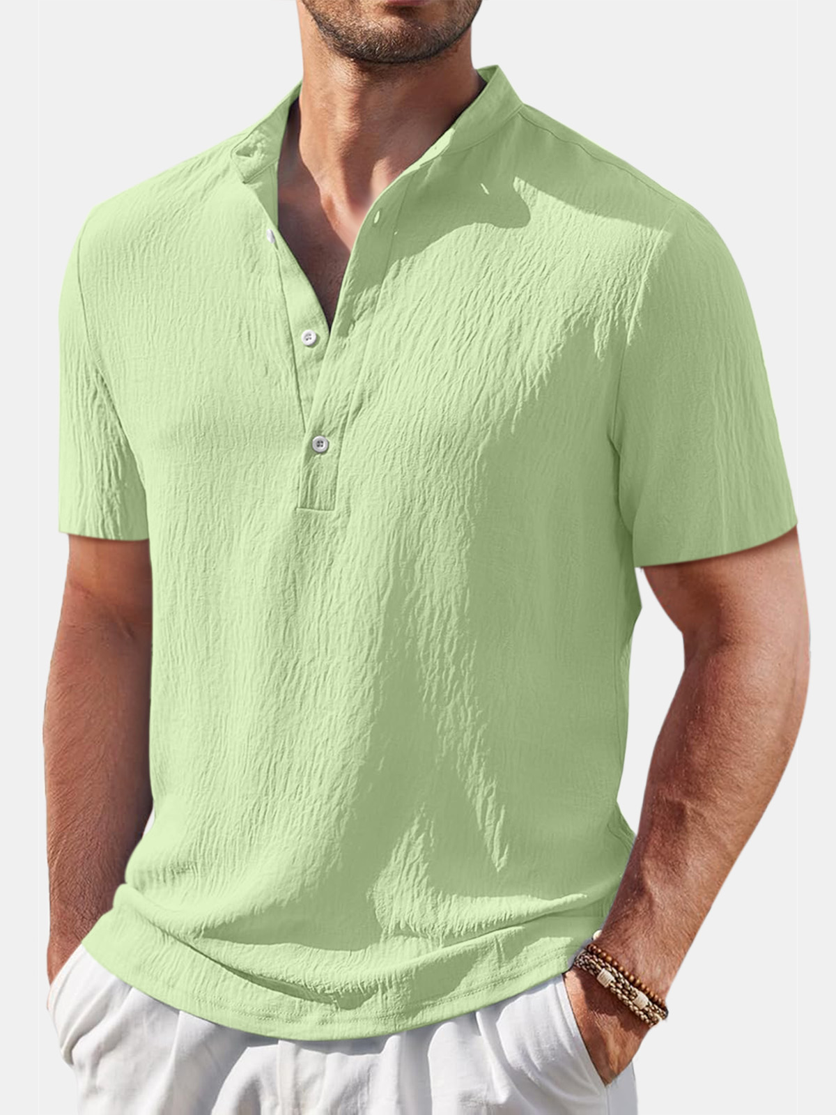 Men's Casual Solid Color Comfortable Cotton And Linen Stand Collar Short-sleeved Shirt
