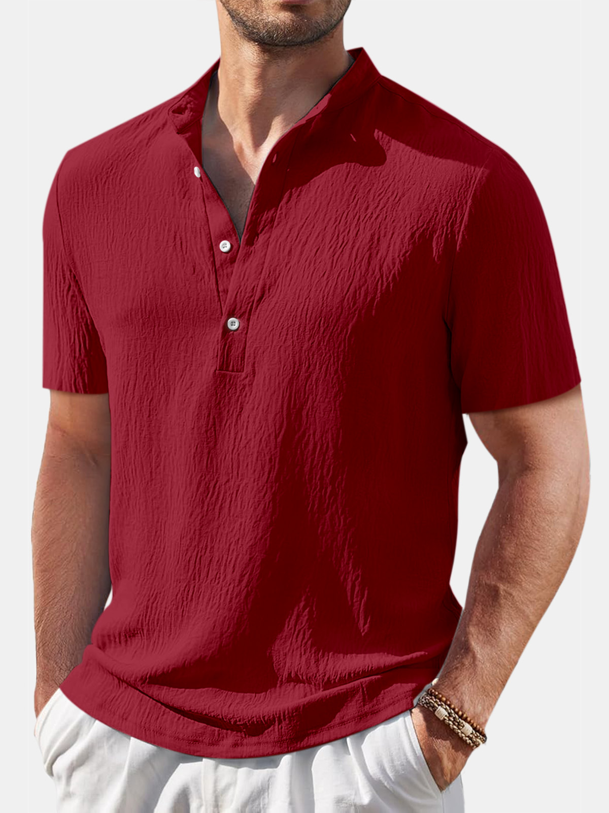 Men's Casual Solid Color Comfortable Cotton And Linen Stand Collar Short-sleeved Shirt