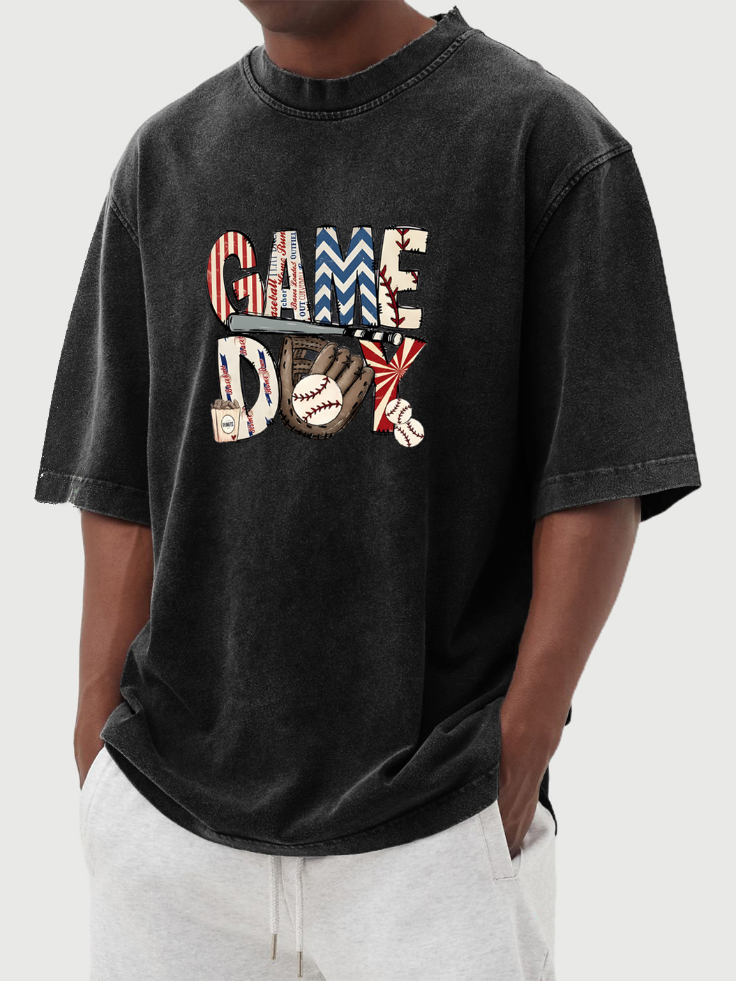 Men's Vintage Washed Baseball Game Day Printed Short-sleeved T-shirt