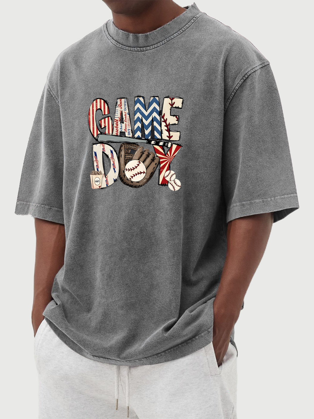 Men's Vintage Washed Baseball Game Day Printed Short-sleeved T-shirt