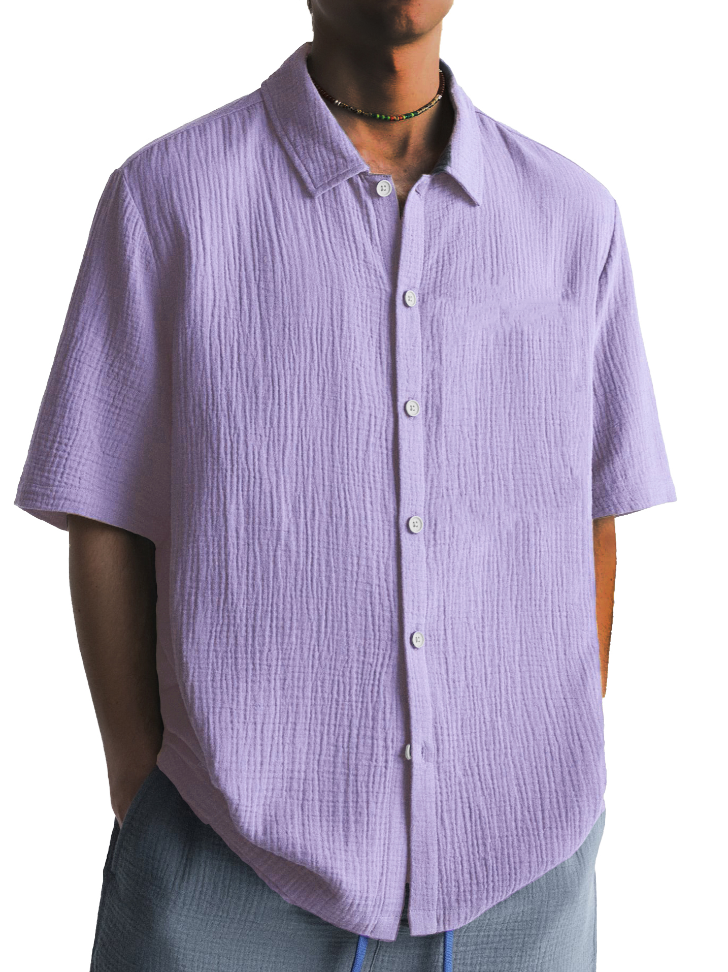 Men's Fashion Pleated Casual Lapel Short Sleeve Shirt