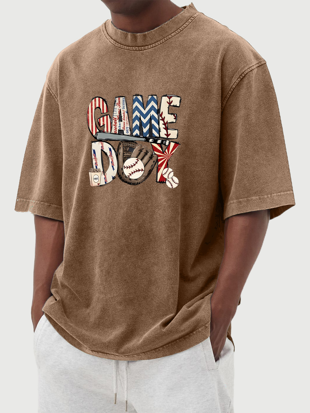 Men's Vintage Washed Baseball Game Day Printed Short-sleeved T-shirt